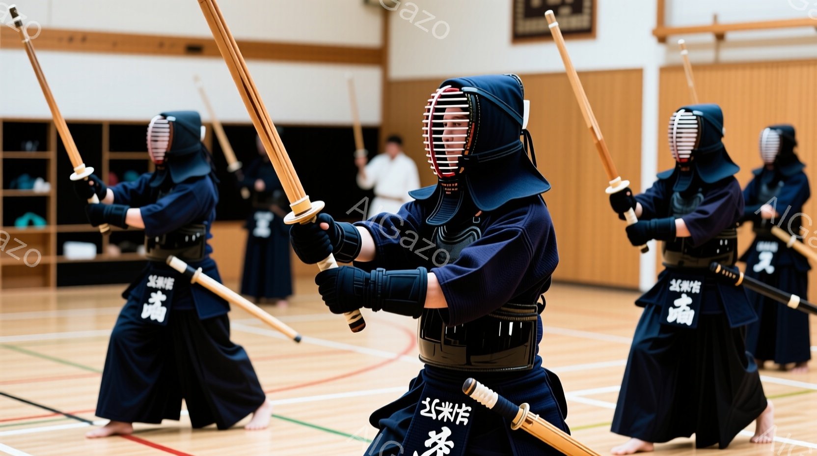 濃い藍色の剣道着を着用し、面、胴、小手、脛当てといった防具を身につけた剣道家たちが、竹刀を構えて練習に臨んでいる。彼らは皆、膝を曲げ、腰を落とした構えで、鋭い眼光を放ち、次の動作に備えている。体育館のような木製の床と壁が背景にあり、集中した、厳粛な雰囲気が漂っている。