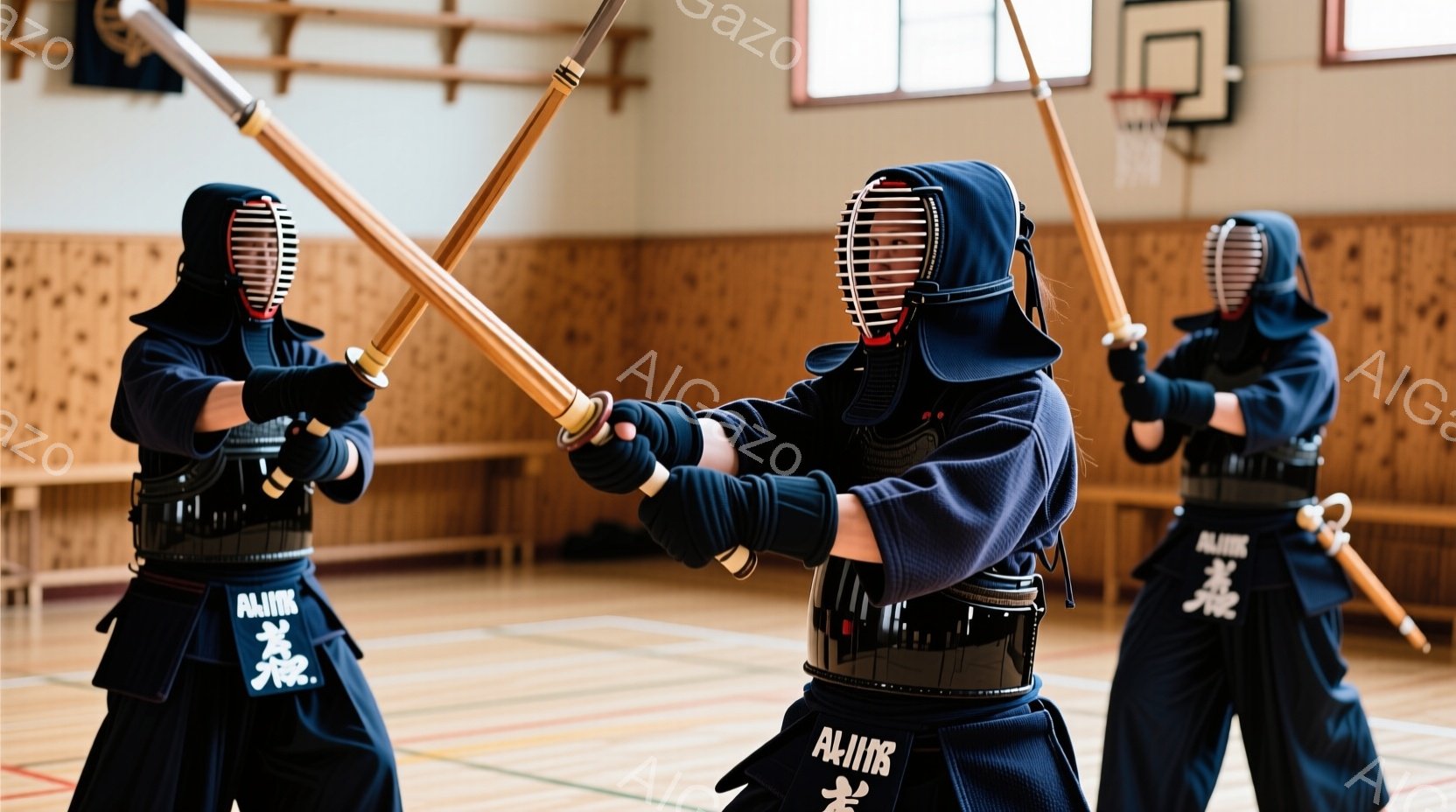 剣道着と面を身につけた３人の剣道家が写っています。彼らは皆、構えを取り、竹刀を高く掲げています。背景は体育館のような室内で、木製の床と壁があり、集中した雰囲気です。