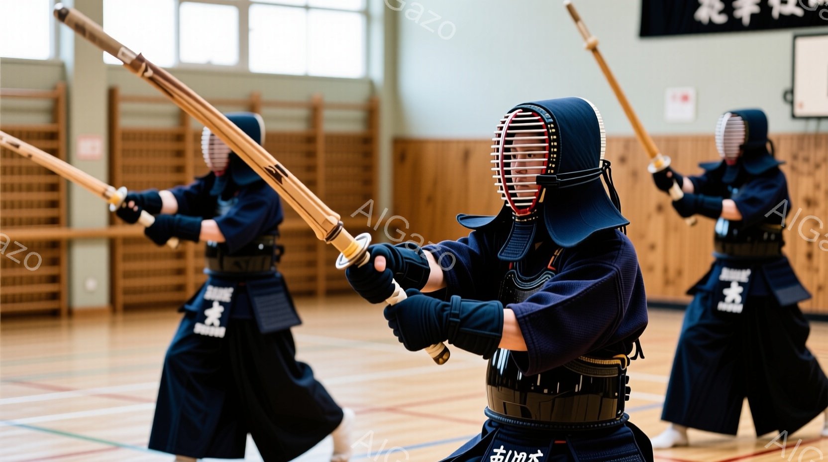 剣道着を身につけた人々が、竹刀を構えて練習に励んでいます。彼らは皆、面、胴、小手、垂れといった防具を装着し、真剣な表情で対峙しています。背景は体育館のような室内で、木製の床と壁、そして奥にはぼやけた人影が見えます。