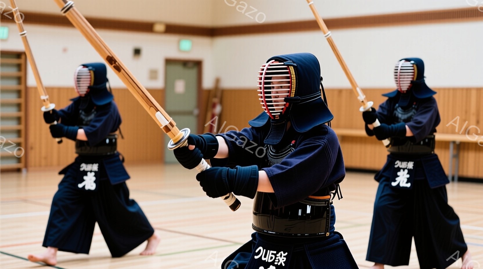 剣道着を着用し、面を被った３人の剣道家が写っている。彼らは皆、竹刀を構え、鋭い眼差しで互いに向き合い、試合または練習の真っ最中であるようだ。背景は体育館のような室内で、床は木製で、集中した雰囲気が漂っている。