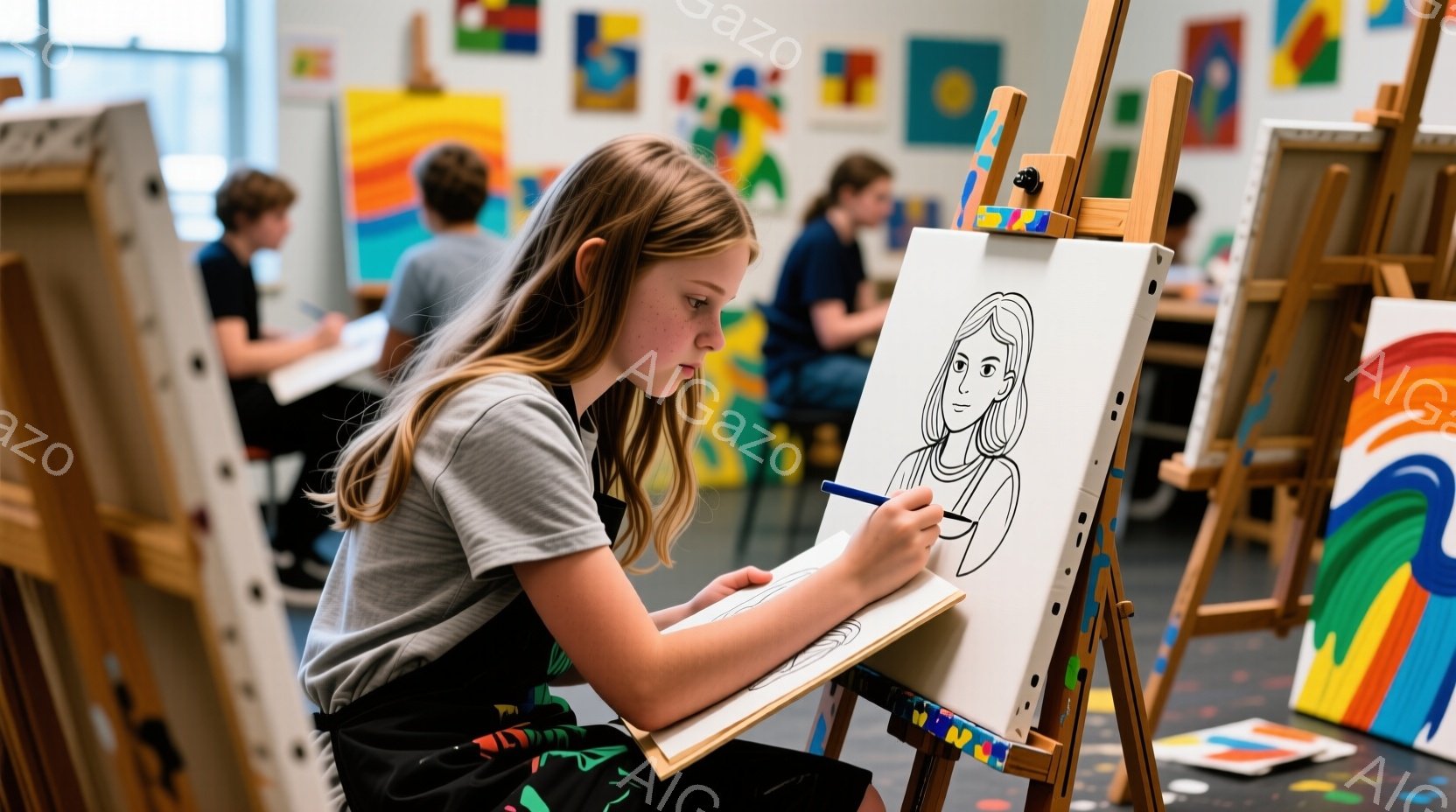 若い女性がキャンバスに向かって集中して絵を描いています。彼女はグレーのTシャツと黒いズボンを着用し、長い髪は後ろで自然に垂れ下がっています。背景には他の絵を描いている人々や、カラフルな絵画が飾られた壁が見え、明るく活気のある雰囲気です。