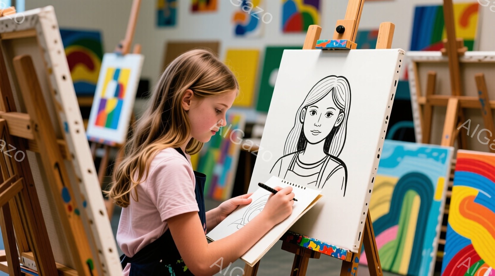 若い女の子がキャンバスに向かって絵を描いています。彼女はピンクのTシャツとエプロンを着ており、長いブロンドの髪をしています。背景には複数のイーゼルとカラフルな抽象画があり、アトリエのような雰囲気です。