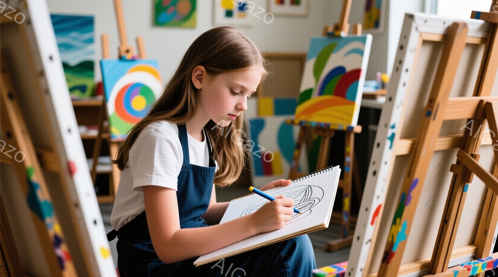 若い女の子が、膝の上にスケッチブックを置き、青い鉛筆で絵を描いています。彼女はデニムのオーバーオールと白いTシャツを着ており、長く明るい茶色の髪は肩にかかっています。背景には色とりどりの絵画がイーゼルに立てかけられており、アトリエのような雰囲気で、創造的で集中した空気感があります。