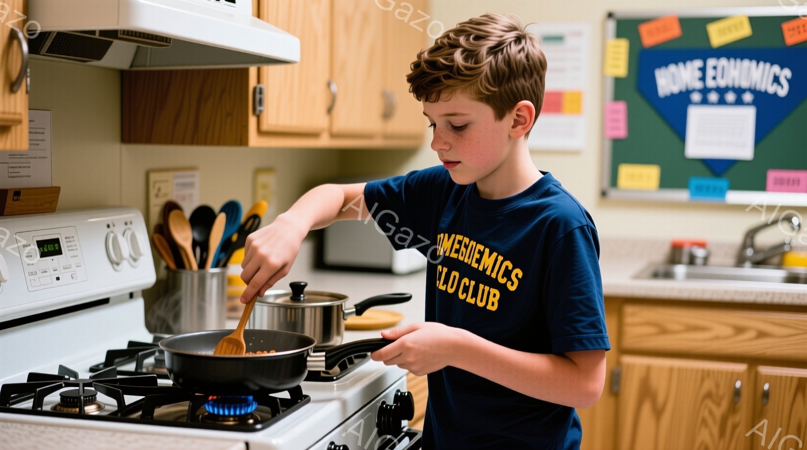 茶髪の少年がキッチンで料理をしている様子が写っています。彼は黒いTシャツを着ており、「Home Economics Club」と書かれています。少年はフライパンをかき混ぜており、集中した表情をしています。