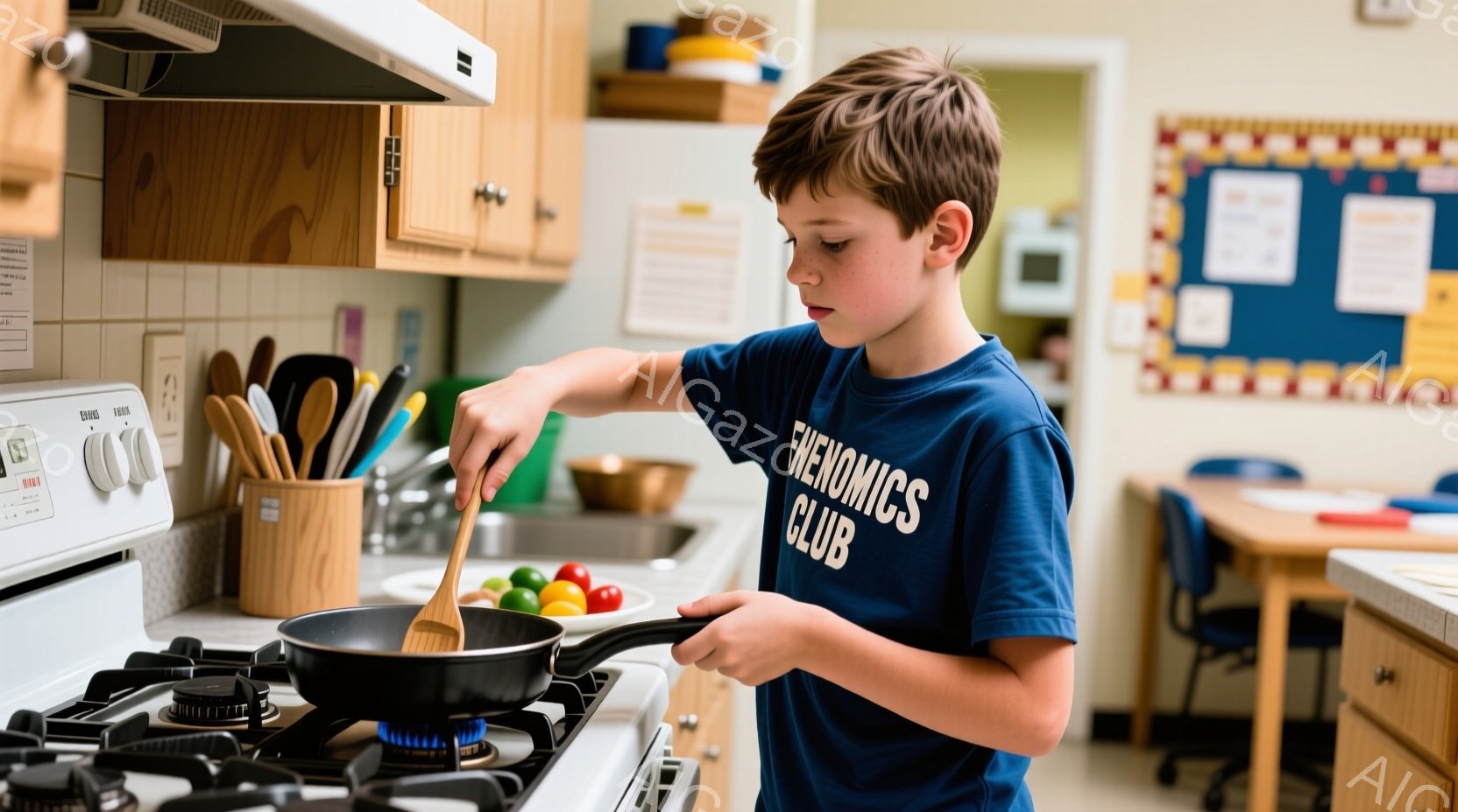 男の子がキッチンで料理をしている様子が写っている。彼は青い「PHENOMICS CLUB」と書かれたTシャツを着ており、茶色の髪は短く整えられている。彼はフライパンを傾けながら木製のスパチュラで何かを混ぜているようで、真剣な表情で調理に集中している。