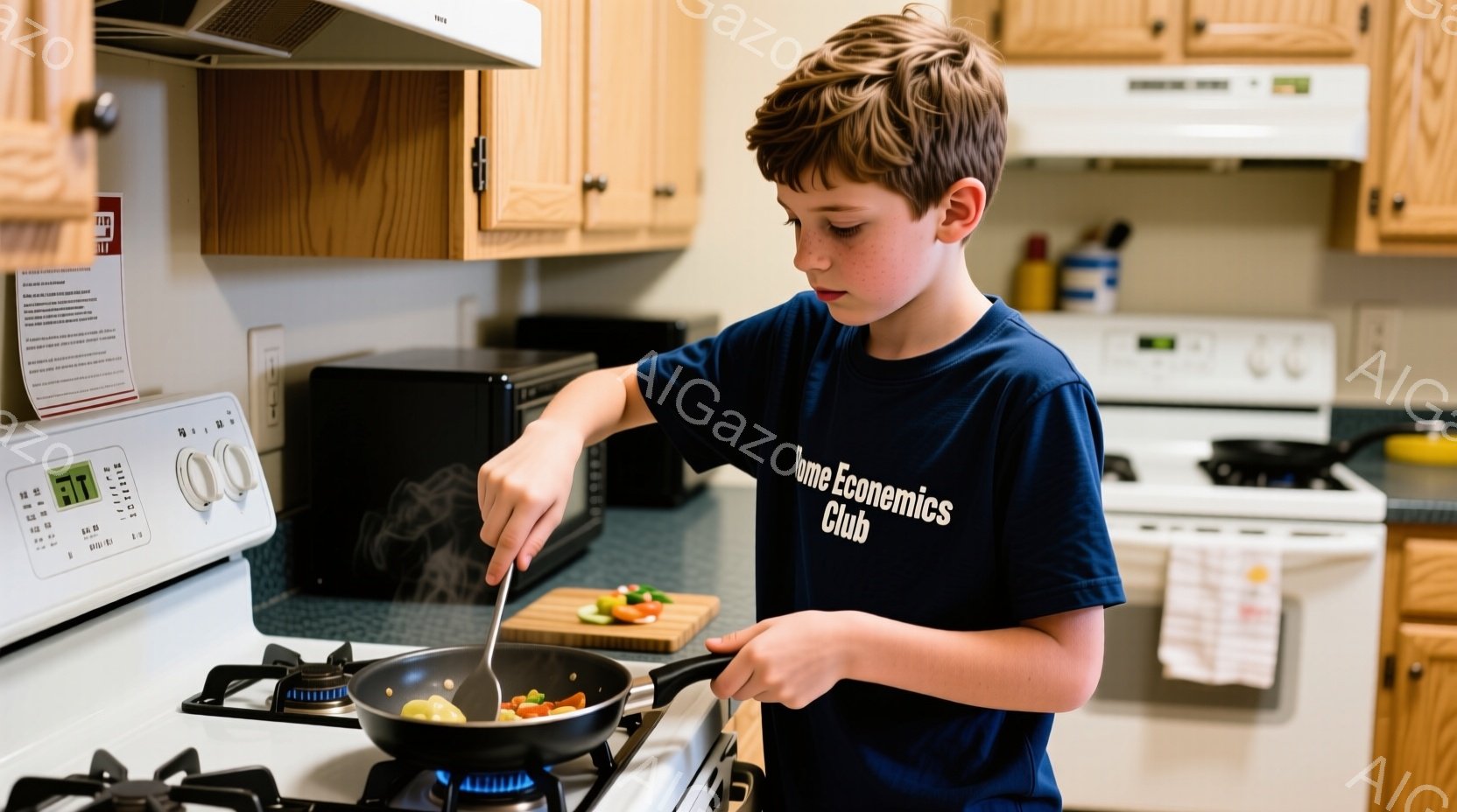 少年はキッチンでフライパンを使って料理をしている。彼は濃い青色の「Home Economics Club」と書かれたTシャツを着ており、短髪で少し眉間にしわを寄せ、真剣な表情で調理に集中している。背景には白と木目のキャビネット、電子レンジ、ガスコンロがあり、家庭的な温かい雰囲気を感じさせる。