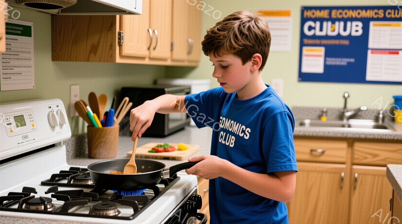 少年は青いTシャツを着ており、炒め鍋で何かを調理している。彼は少し身を乗り出し、木製のヘラで鍋の中身を混ぜている様子から真剣な表情がうかがえる。背景にはキッチンがあり、調理器具や掲示板が見え、温かい家庭的な雰囲気が漂っている。
