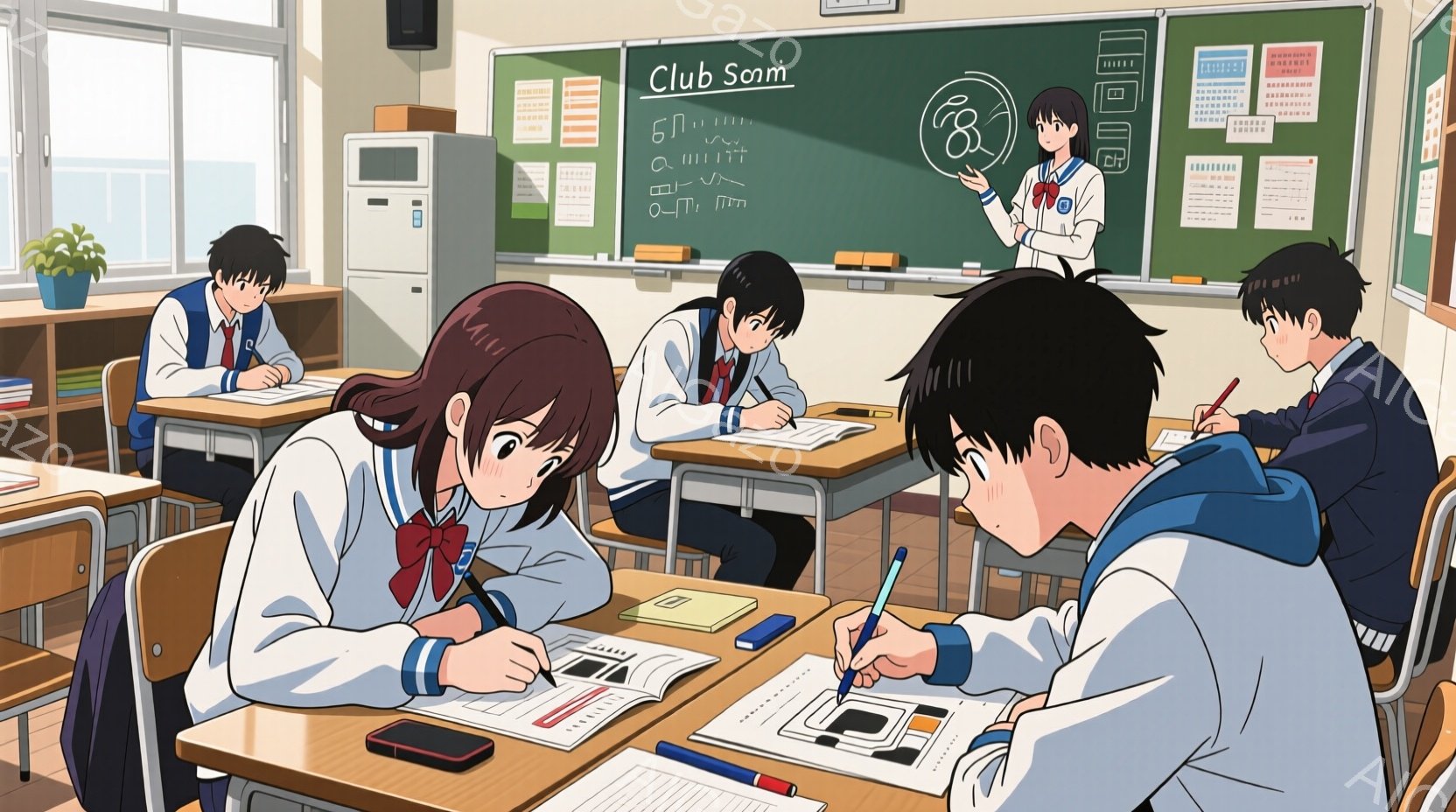 教室の様子で、数人の学生が机に向かって勉強しています。女子生徒は茶髪のロングヘアで、セーラー服を着ています。男子生徒は黒髪で、同じセーラー服を着ており、真剣な表情で問題に取り組んでいます。背景には黒板 - AI生成フリー素材