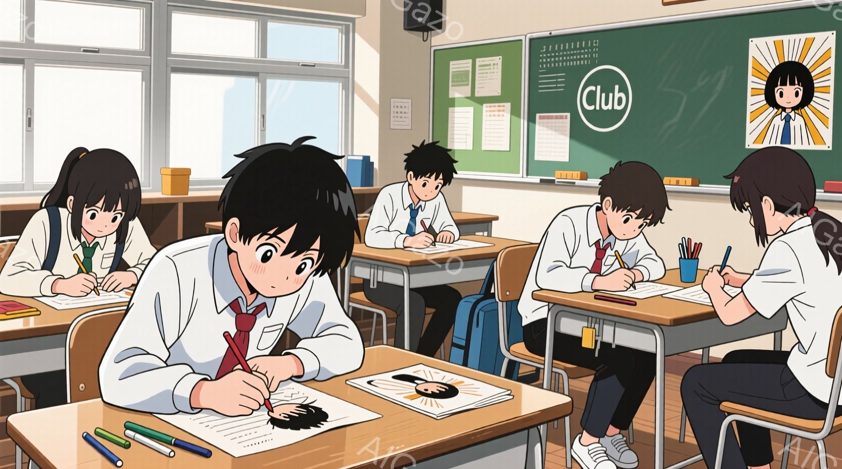教室の様子で、数人の学生が机に向かって何かを描いているか、勉強している様子が描かれている。制服を着た学生たちは、黒髪や茶髪で、集中した表情や少し退屈そうな表情をしている。教室の壁には掲示物があり、全体的に明るく、学習に集中した雰囲気が漂っている。
