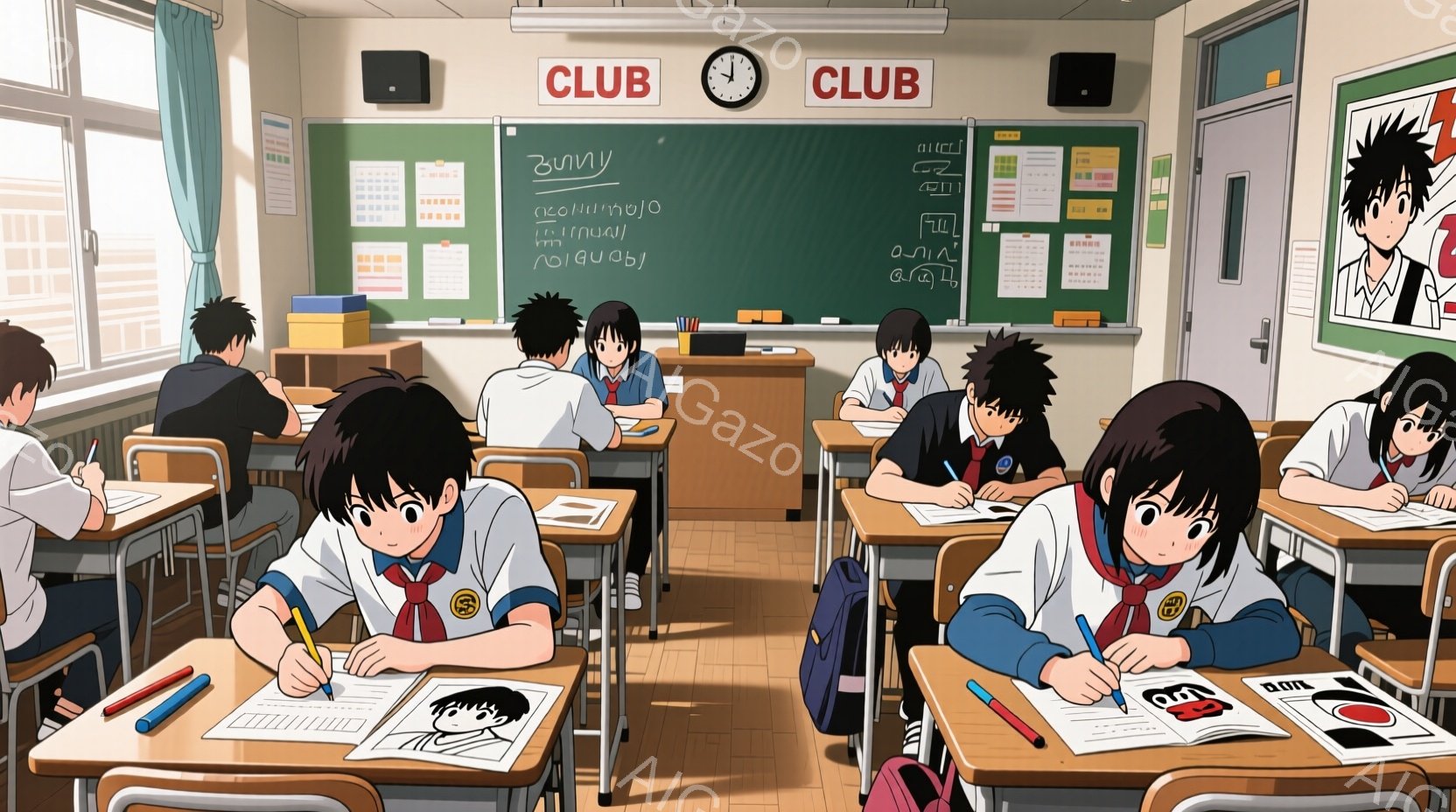 教室の中には、制服を着た男子生徒たちが机に向かって座っています。黒髪で、真剣な表情で授業や課題に取り組んでいる様子です。教室の背景には黒板があり、「CLUB」と書かれています。