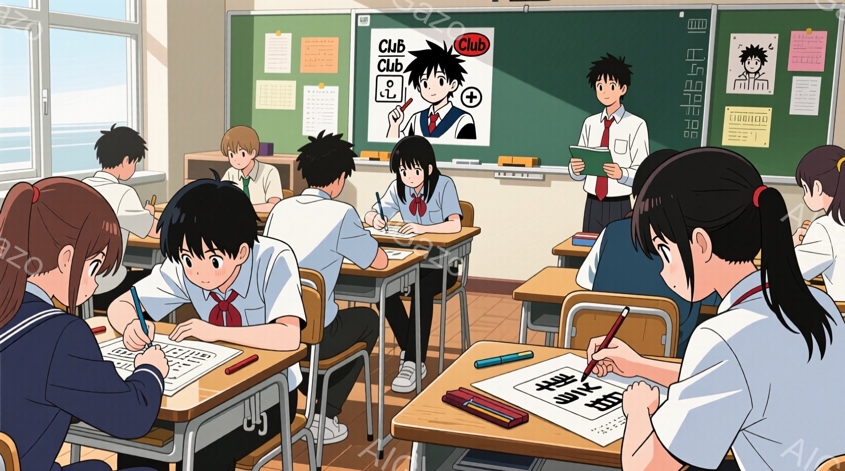 教室の中には、制服を着た生徒たちが授業を受けている様子が描かれています。男子生徒は白シャツにズボン、女子生徒はセーラー服を着ており、皆真剣な表情で筆記に集中しています。背景には黒板があり、「クラブ」と - AI生成フリー素材