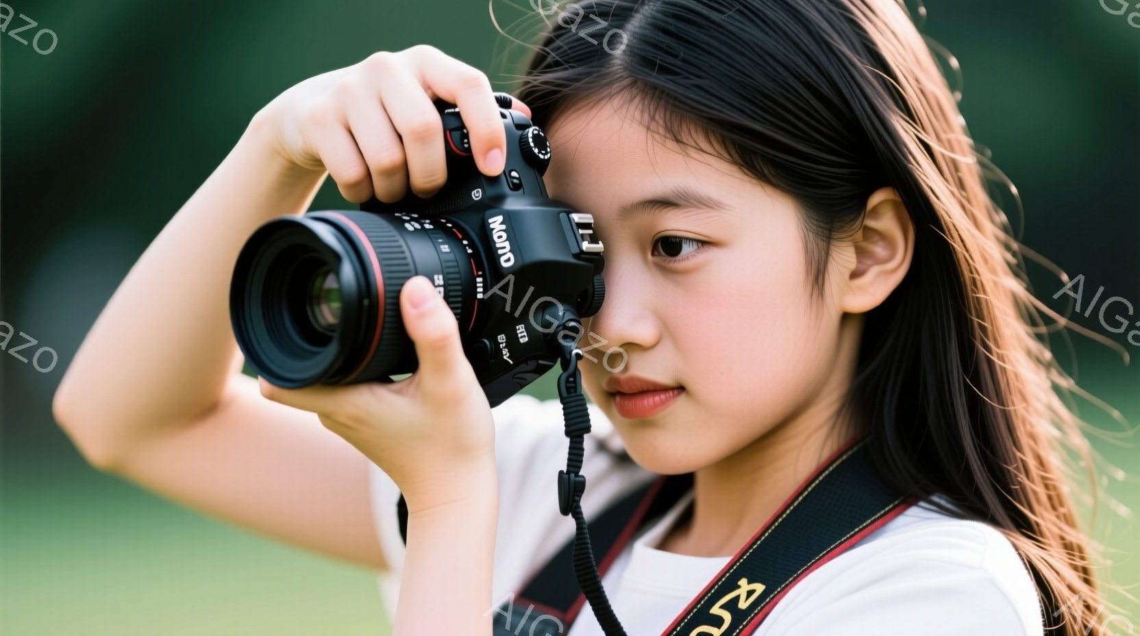 若い女性がカメラを持って撮影している姿が写っている。彼女は白いTシャツを着ており、長い黒髪が肩にかかっている。背景は緑豊かな自然で、彼女は真剣な表情で何かを捉えようとしている。