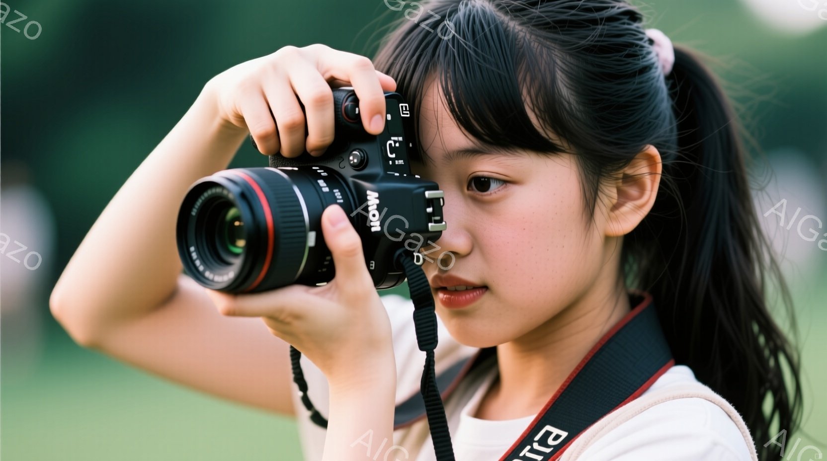 若い女性がデジタル一眼レフカメラを持って撮影している様子が写っています。彼女は白いTシャツを着ており、髪はポニーテールに結ばれています。背景は緑色の自然で、ぼやけており、彼女に焦点が当てられています。