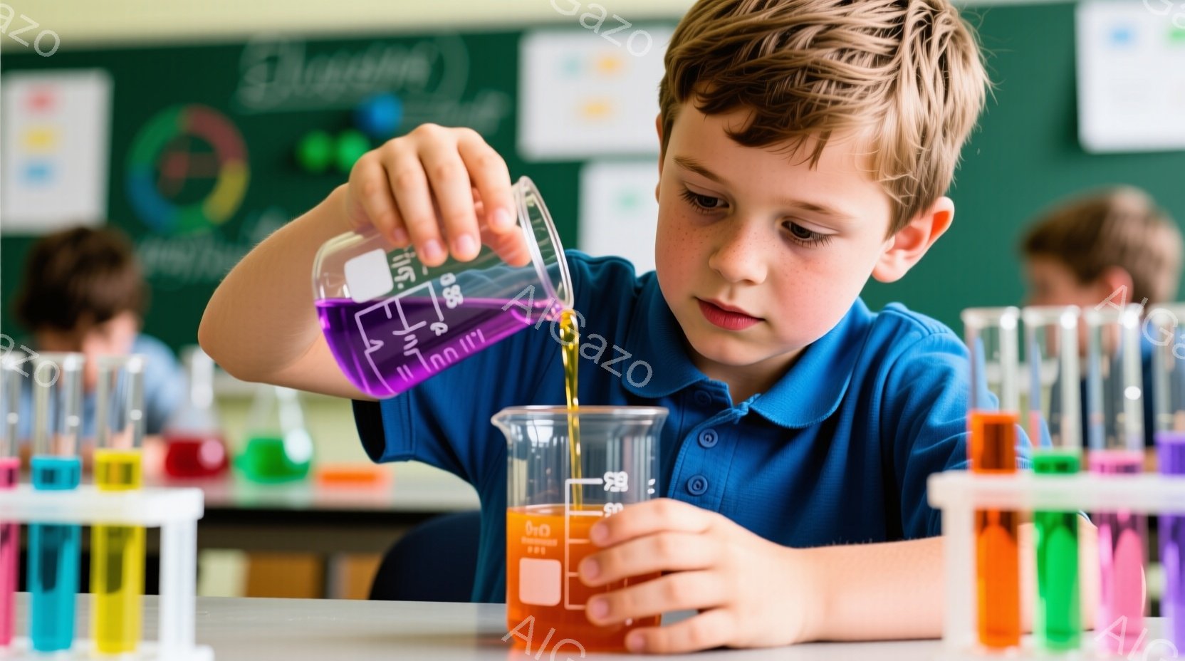 茶髪の少年が青いポロシャツを着て、ビーカーから別のビーカーへ紫色の液体を慎重に注いでいます。彼の表情は集中しており、実験に熱心に取り組んでいる様子がうかがえます。背景には様々な色の液体が入った試験管が並び、科学教室のような環境であることがわかります。