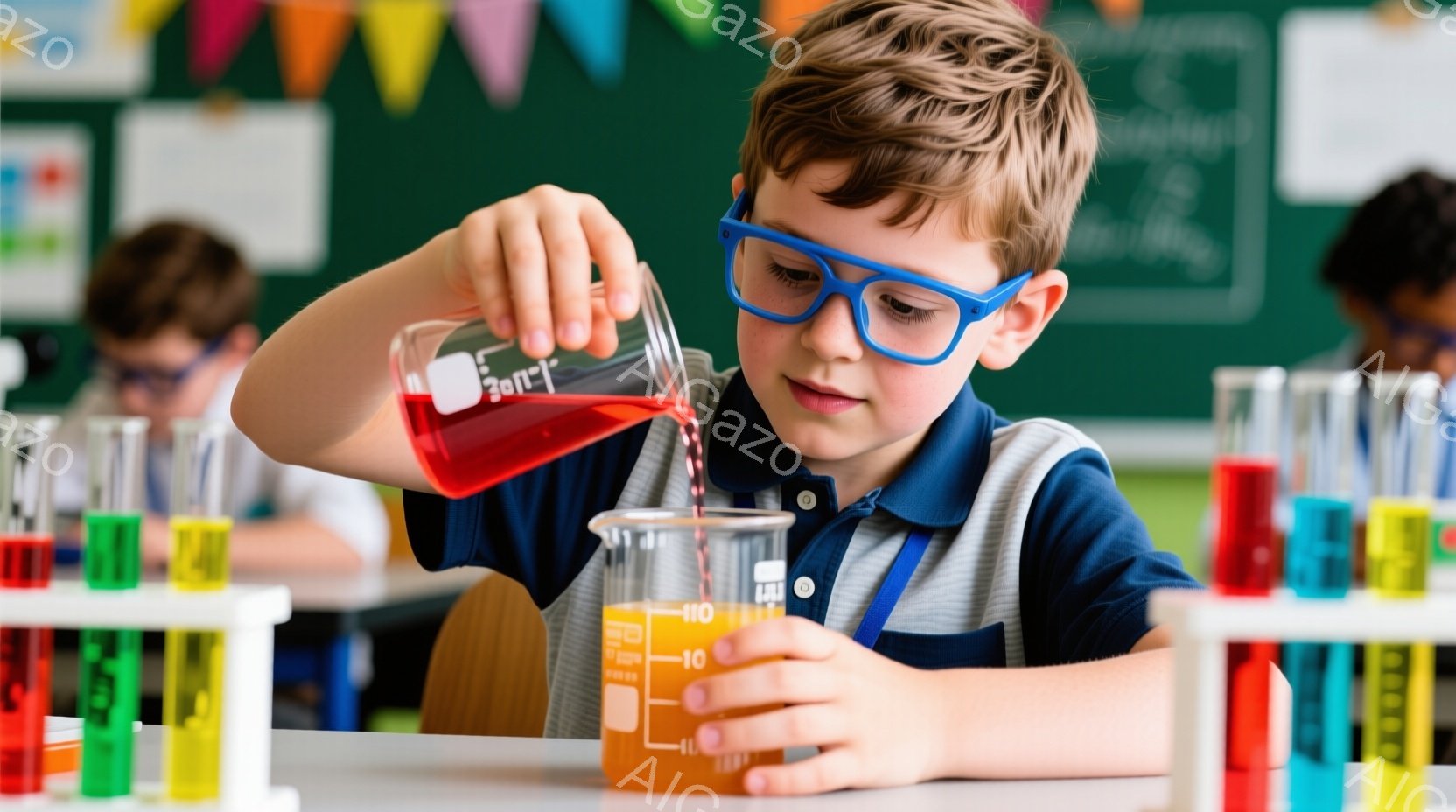 少年は青いフレームの眼鏡をかけ、黄色いシャツとサスペンダーを着て、ビーカーに赤い液体を注いでいます。彼は集中した表情で実験に取り組んでおり、姿勢は真剣です。背景には、色とりどりの試験管が並んだ実験台と、緑色の黒板が見え、科学教室の活気ある雰囲気が伝わってきます。