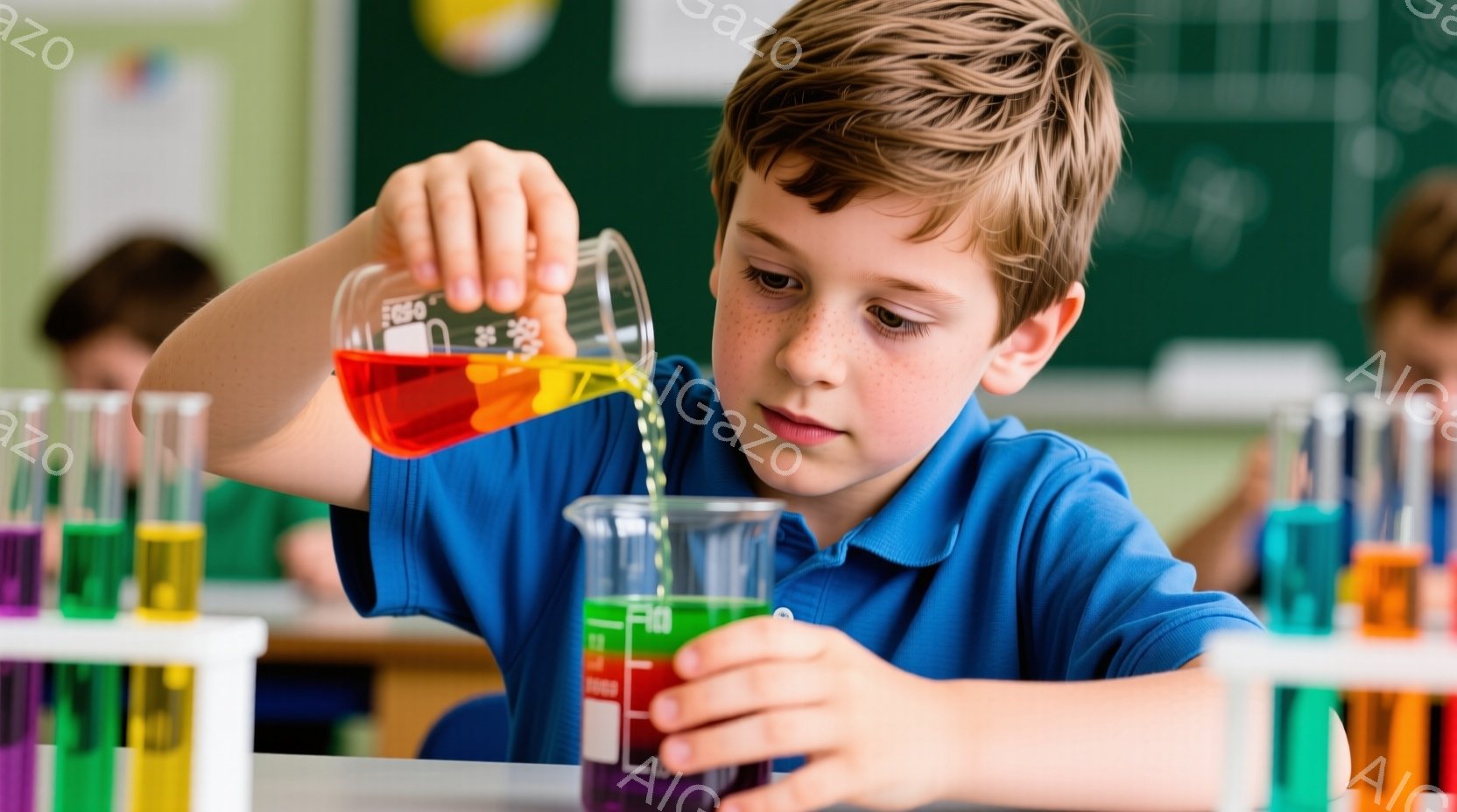 若い少年が青いシャツを着て、試験管にオレンジ色の液体を注いでいる。彼は集中した表情で、そばにはさまざまな色の液体が入った試験管が並んでいる。背景には、他の生徒や黒板が見え、科学の実験室のような雰囲気である。