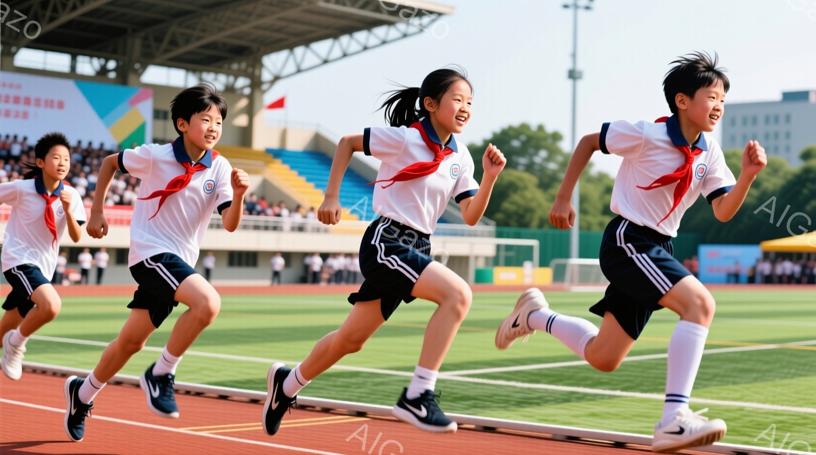 複数の子供たちがトラックで走っている様子が写っている。白いシャツに青いショートパンツ、白い靴下と黒いスニーカーを履き、首にはスカーフを巻いている。背景には観客席と建物が見え、晴天の下、活気に満ちた競技会の雰囲気が伝わる。
