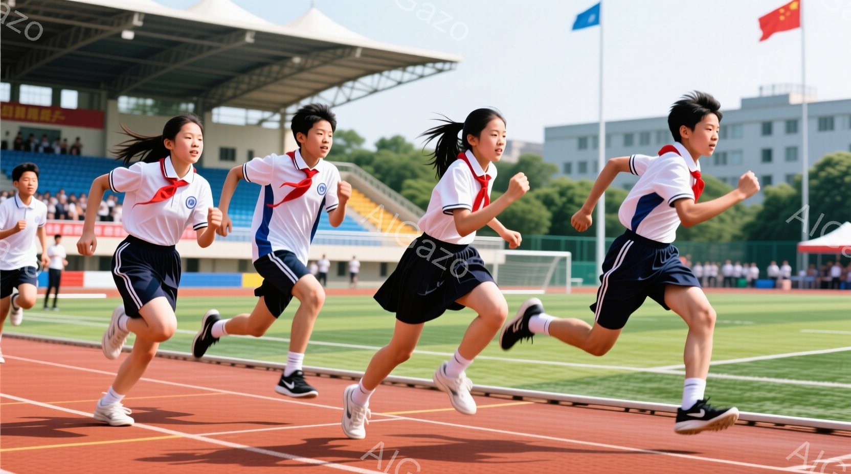 競技場を疾走する女子学生4人が写っている。白いシャツに紺色のスカート、白い靴下とスニーカーを履き、赤いリボンとスカーフを首に巻いている。背景には観客席と緑豊かな木々が見え、晴天の下、活気に満ちた競技会が行われている様子がうかがえる。