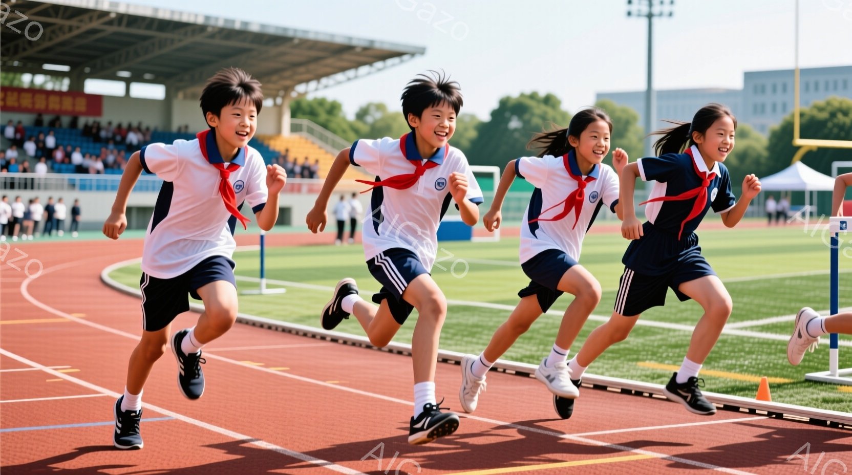競技場で走る小学生のグループが写っている。白いシャツに濃い青色のショートパンツ、赤いスカーフを首に巻いた生徒たちは、笑顔で力強く走っており、活気に満ちている。背景には観客席や緑のフィールド、そして晴れた空が広がり、運動会のような明るい雰囲気が漂っている。