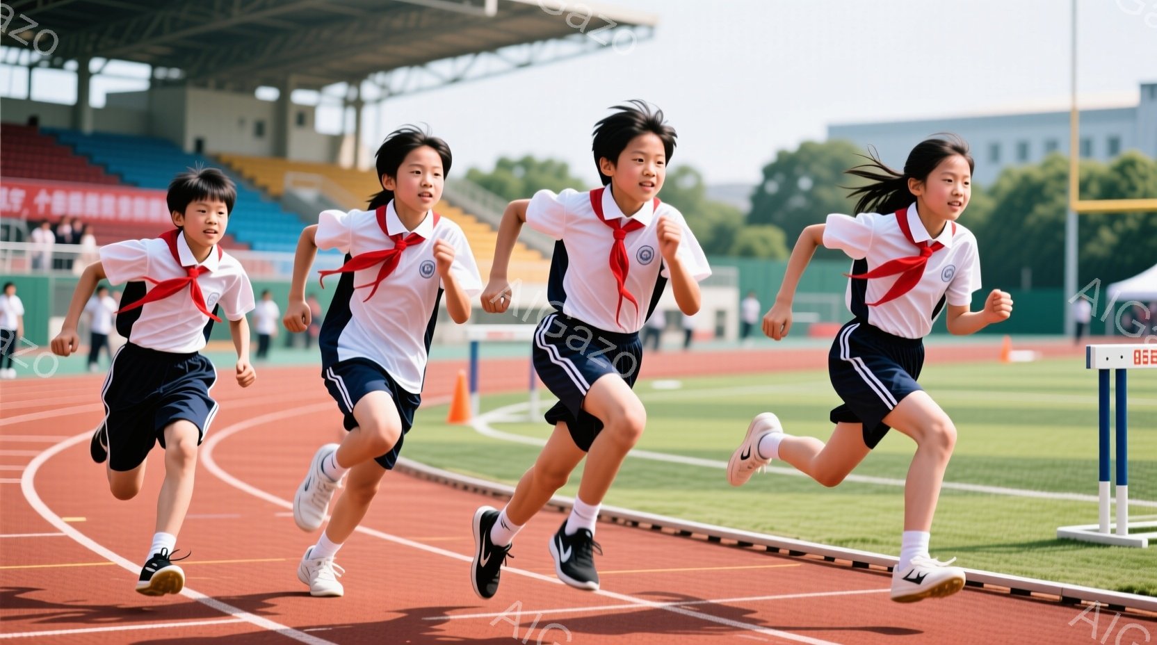 赤いトラックを四人の小学生が走っている様子が写っている。白いシャツに紺色のズボンまたはスカート、赤いネクタイを締め、白い靴を履いている。背景には緑の芝生と観客席、そして晴れた空が見え、活気のある運動会の雰囲気が伝わってくる。
