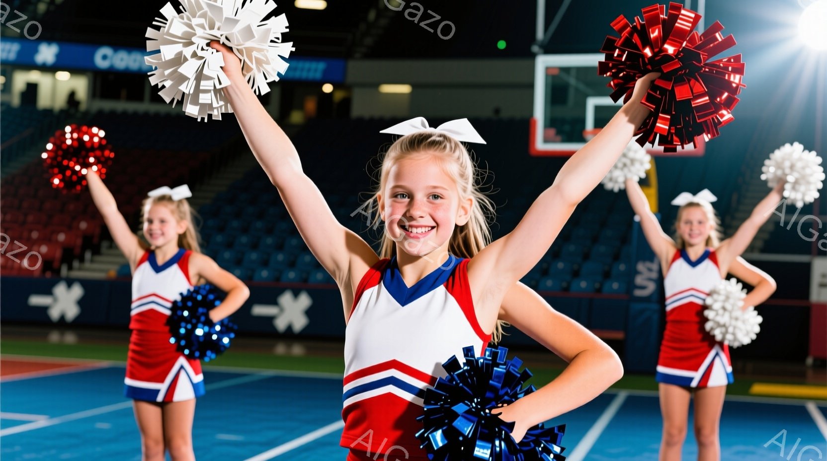 3人の若いチアリーダーが、青い床の体育館でポーズをとっています。彼らは赤い上着と白いストライプ、そして赤いスカートを着用し、白いポンポンを持っています。全員が笑顔で、両手を高く上げて活気に満ちた雰囲気を醸し出しています。