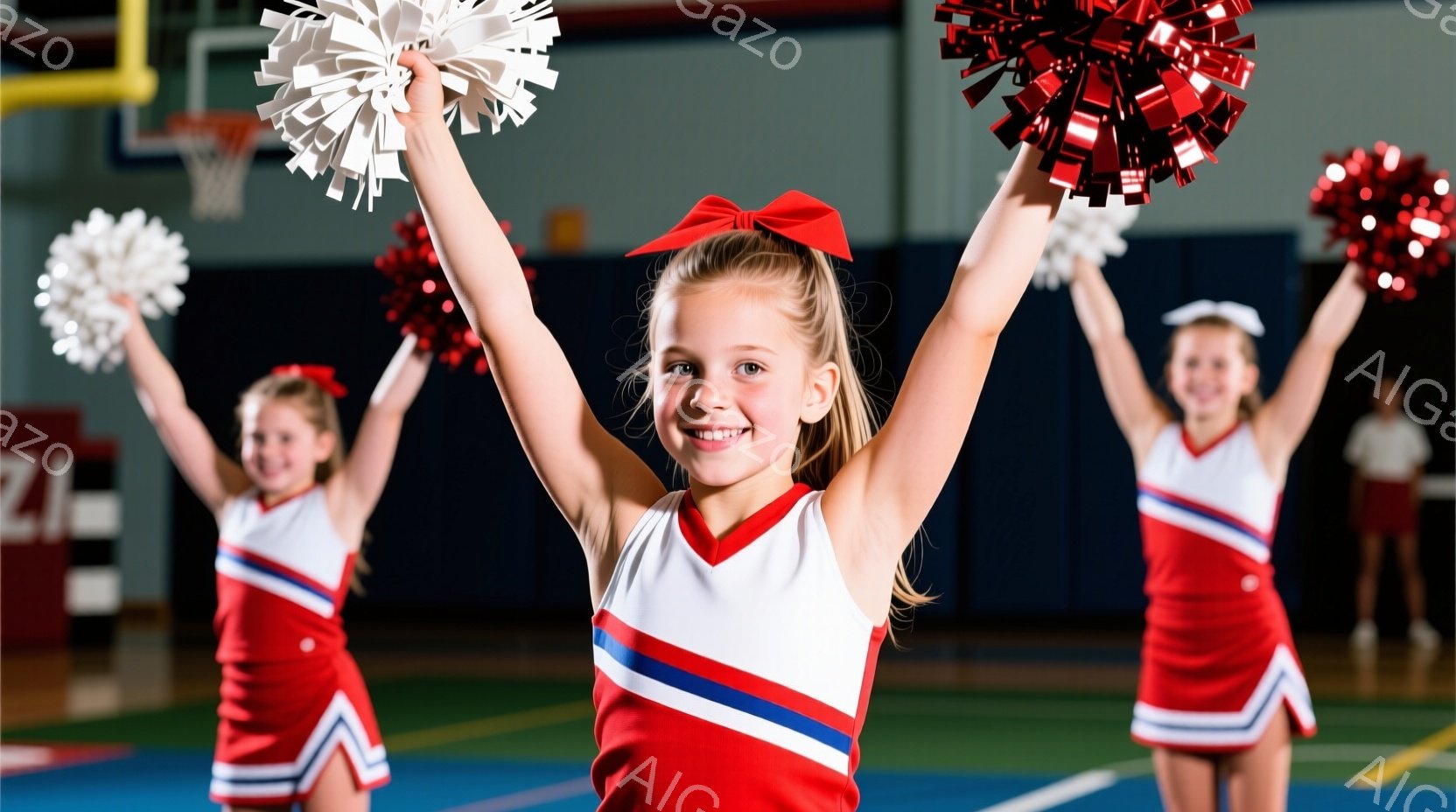 3人の若いチアリーダーが体育館でポンポンを持ってジャンプしています。赤いトップスとスカート、白いストライプが特徴的で、髪は高い位置でポニーテールにし、赤いリボンで飾られています。彼女たちは笑顔で、エネルギッシュで活気に満ちた雰囲気です。