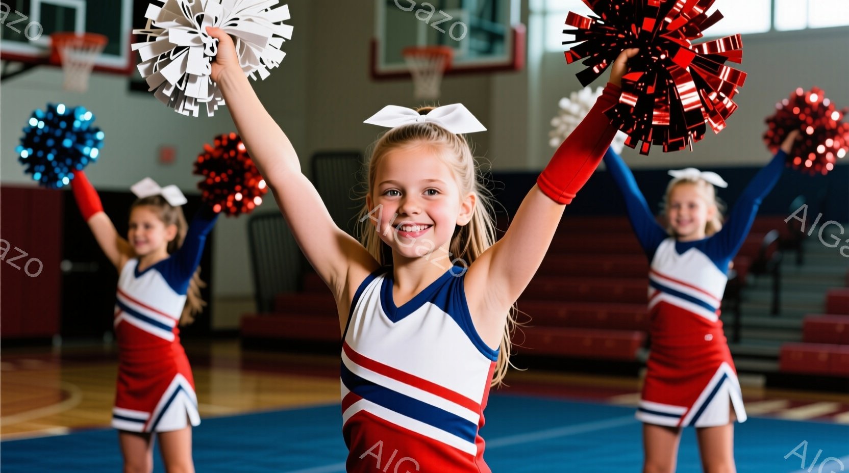 3人の若いチアリーダーが、明るい室内でポーズをとっています。赤いトップスにネイビーのトリム、白いスカートを着用し、白いリボンで髪を結んでいます。彼女たちは笑顔で両手を高く上げ、ポンポンを持っており、活気に満ちたエネルギッシュな雰囲気が漂っています。