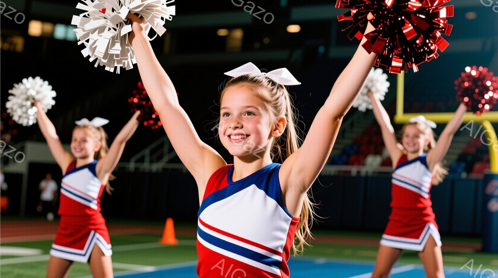 赤いユニフォームと白いポンポンを持つ3人の若い女性チアリーダーが写っています。彼女たちは笑顔で両手を高く上げ、活気に満ちたパフォーマンスをしています。背景には、観客席とオレンジ色のコーンがあり、屋内競技場の活気ある雰囲気を醸し出しています。