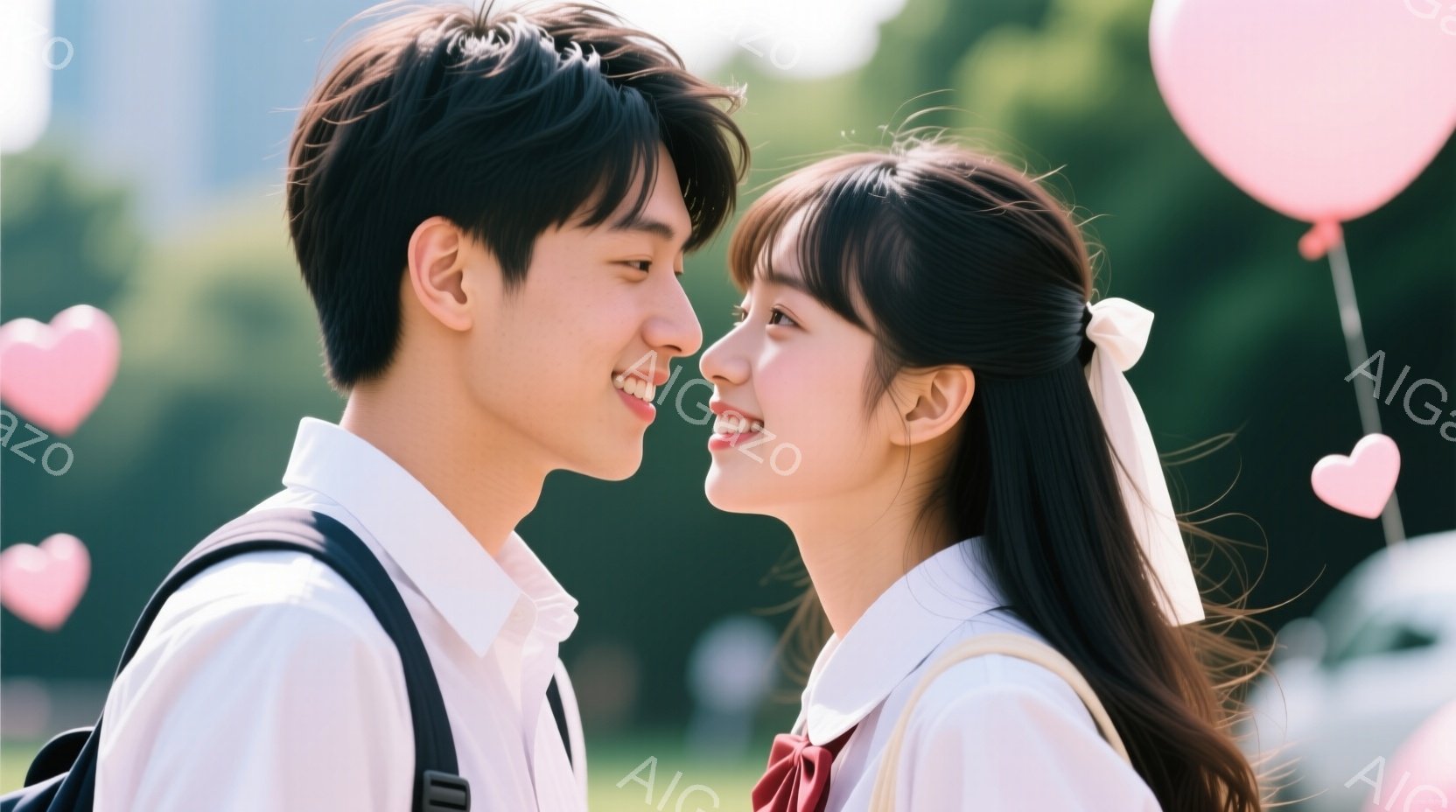 制服を着た若い男女が寄り添って微笑んでいます。男性は黒髪で、白いシャツにネクタイ、肩にはバッグをかけています。女性はロングヘアをリボンで結び、同じく制服姿で、男性を見つめながら幸せそうに微笑んでいます - AI生成フリー素材