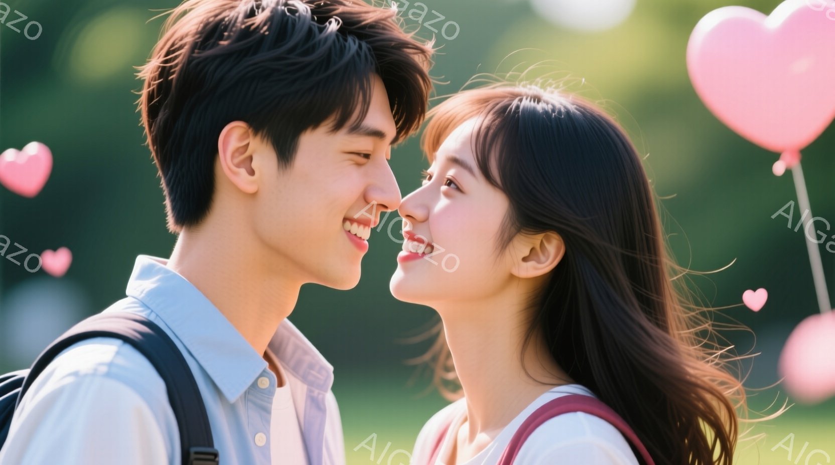 若い男女が互いに見つめ合い、微笑んでいます。男性は水色のシャツを着ており、黒髪を短く整えています。女性は白いシャツに赤いセーターベストを着ており、長い髪が風になびいています。背景には緑豊かな自然が広が - AI生成フリー素材