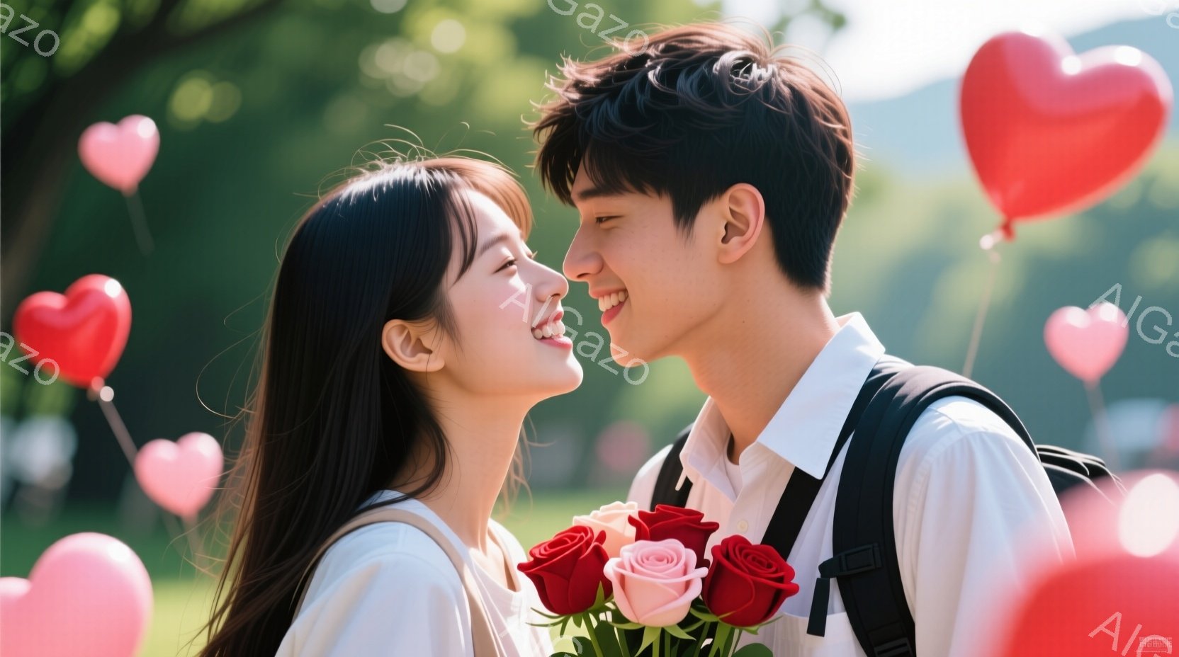 若い男女が互いに微笑み合い、顔を寄せ合っている。女性は白いシャツを着ており、長くストレートな黒髪が肩にかかっている。男性は白いシャツに黒いバックパックを背負い、赤いバラの花束を女性に差し出している背景にはピンク色のハート型の風船が散りばめられ、緑豊かな自然が広がっている。