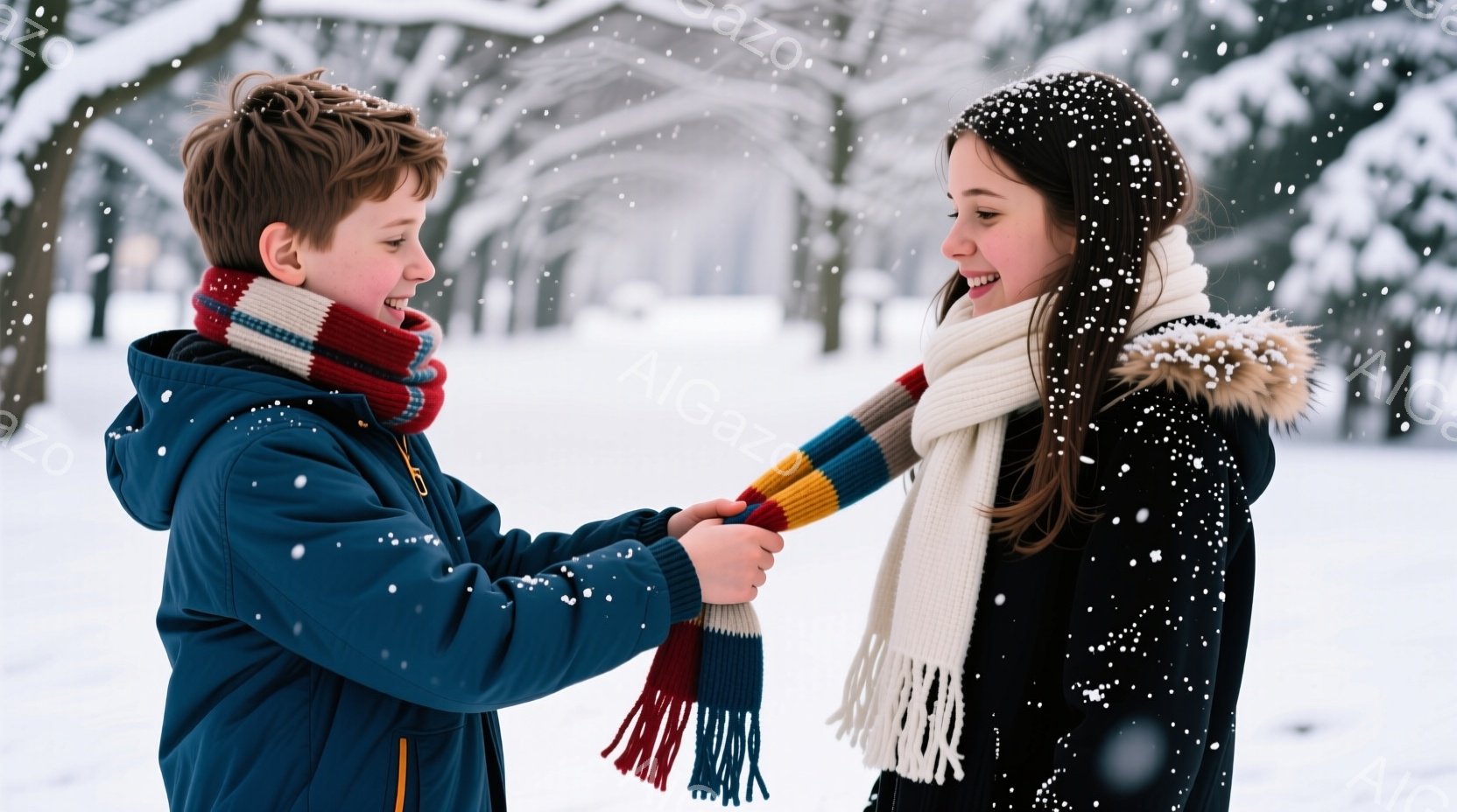 雪が降る屋外で、少年と少女が互いに長いカラフルなマフラーを引っ張り合って遊んでいます。少年は濃い青色のジャケットを着ており、茶色の髪型で笑顔を見せています。少女は黒いコートを着て、白いマフラーを巻き、こちらも楽しそうに笑っています。背景には雪に覆われた木々が立ち並び、冬の静かで楽しい雰囲気を醸し出しています。