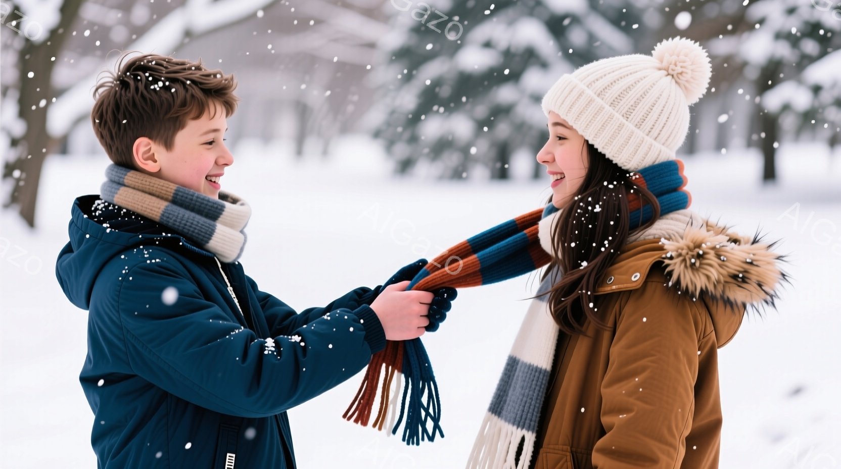 雪が降る中で、少年が少女にマフラーを巻いてあげています。少年は濃い青色のジャケットとニット帽を着用し、笑顔を見せており、少女は茶色のジャケットに白いニット帽をかぶり、嬉しそうにこちらを見ています。背景 - AI生成フリー素材