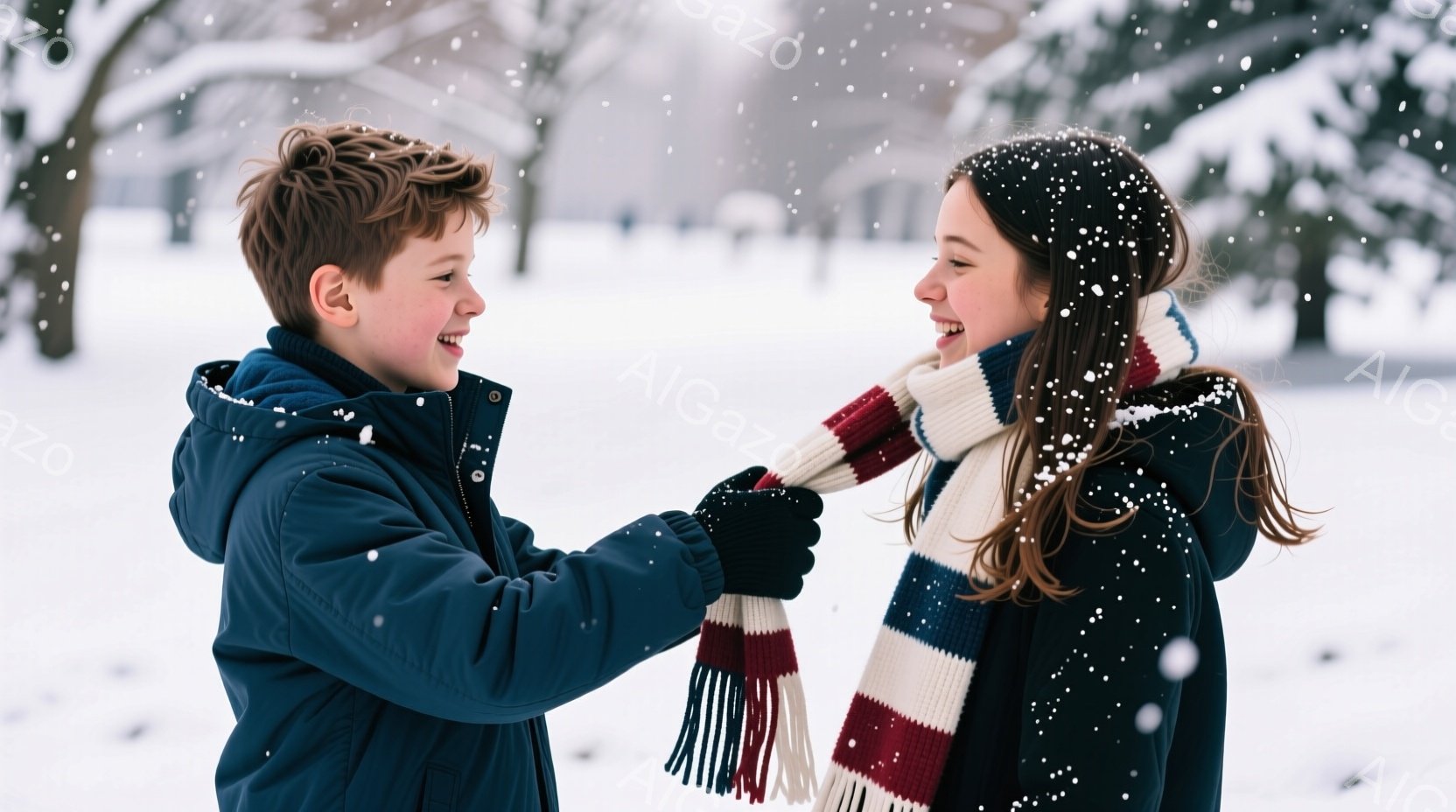少年と少女が雪の中で楽しそうに遊んでいます。少年は紺色のジャケットを着ており、頬は赤く、笑顔を見せています。少女は黒いコートに赤、白、紺色の縞模様のマフラーを巻いており、雪片が髪と肩に降り積もっています。
