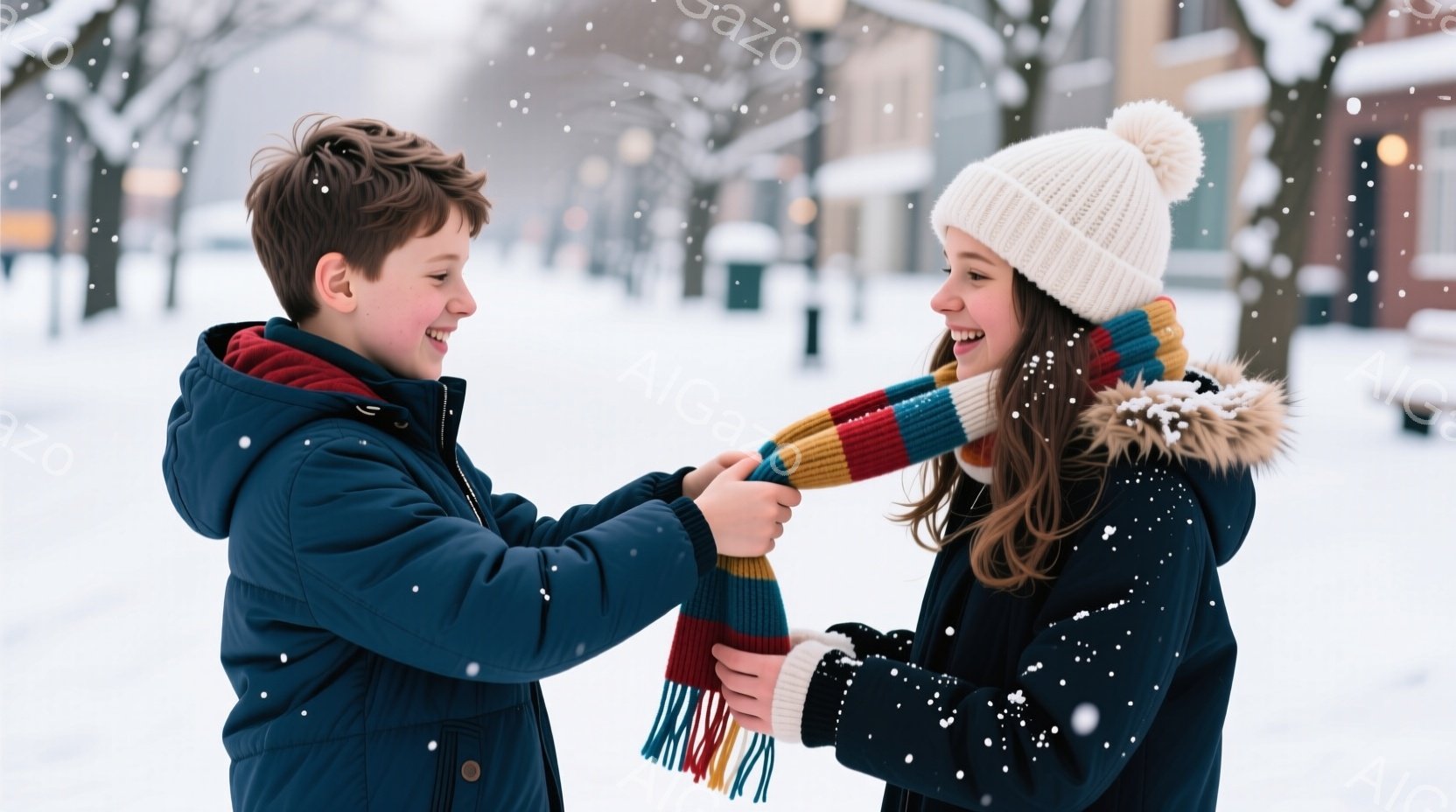 雪が降る中で、少年と少女が楽しそうに互いの手首にカラフルなマフラーを巻き付けている。少年は紺色のコートを着ており、髪は短く整えられ、笑顔を見せている。少女は白いニット帽をかぶり、紺色のジャケットを着て - AI生成フリー素材