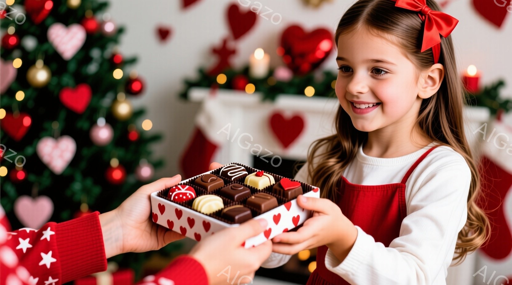 金髪をサイドで結び、赤いリボンをつけた女の子が、ハート柄のチョコレート箱を受け取ろうとしている姿が描かれています。彼女は白いセーターと赤いエプロンを着ており、嬉しそうな笑顔を見せています。背景にはクリ - AI生成フリー素材