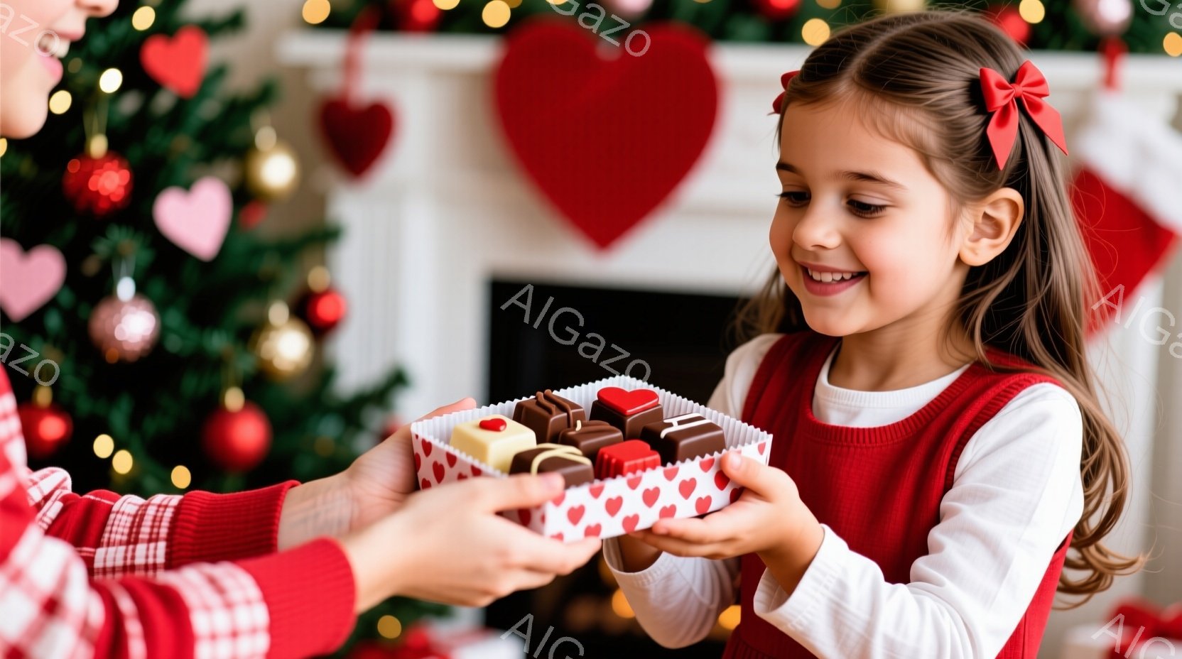 少女は赤い縁取りのある白いセーターと赤いベストを着て、明るい笑顔でチョコレートの入ったハート型の箱を受け取っています。彼女は髪を後ろで結んでリボンで飾り、嬉しそうな表情をしています。背景には、クリスマ - AI生成フリー素材
