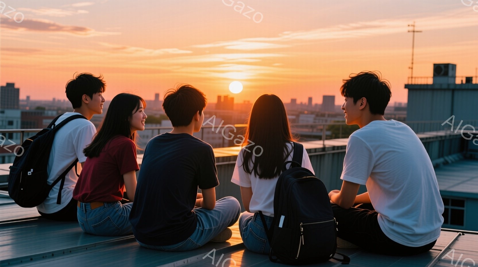 四人の若い男女が屋上に座り、夕焼けを背景に互いに向き合っている。彼らは皆、リュックサックを背負い、カジュアルな服装で、リラックスした雰囲気の中にいる。背景には都市の建物が広がり、夕焼けが空をオレンジ色と赤色に染め上げている。