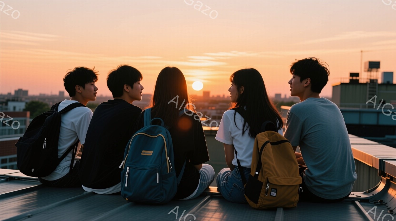 四人の若い男女が屋上に座り、夕焼けを眺めている。それぞれリュックサックを背負い、デニムや白いTシャツなどカジュアルな服装をしている。背景には都市の建物が広がり、夕焼けが空をオレンジ色と赤色に染め上げ、穏やかでノスタルジックな雰囲気を醸し出している。