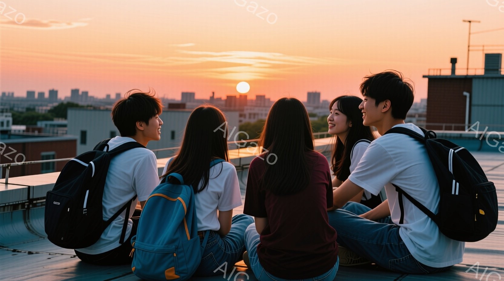 屋上の縁に座って夕日を見ている若い男女4人が写っています。彼らは皆、カジュアルな服装で、バックパックを背負っています。背景には、夕焼けに照らされた都市のスカイラインと、赤とオレンジ色の美しい空が広がっており、全体的に温かく穏やかな雰囲気が漂っています。