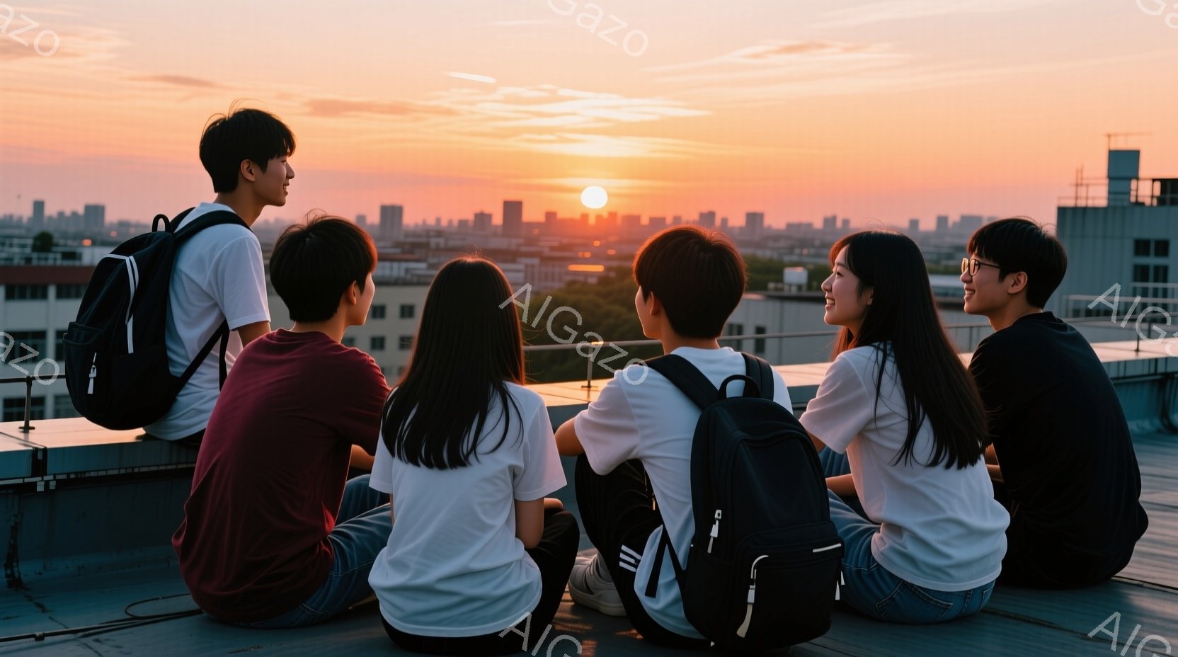 若者たちが屋上に座り、夕焼けを背景に楽しそうにしている様子が写っている。白いTシャツやジーンズなどカジュアルな服装で、リュックサックを背負っている人もいる。背景には都市の建物が広がり、空はオレンジ色と - AI生成フリー素材