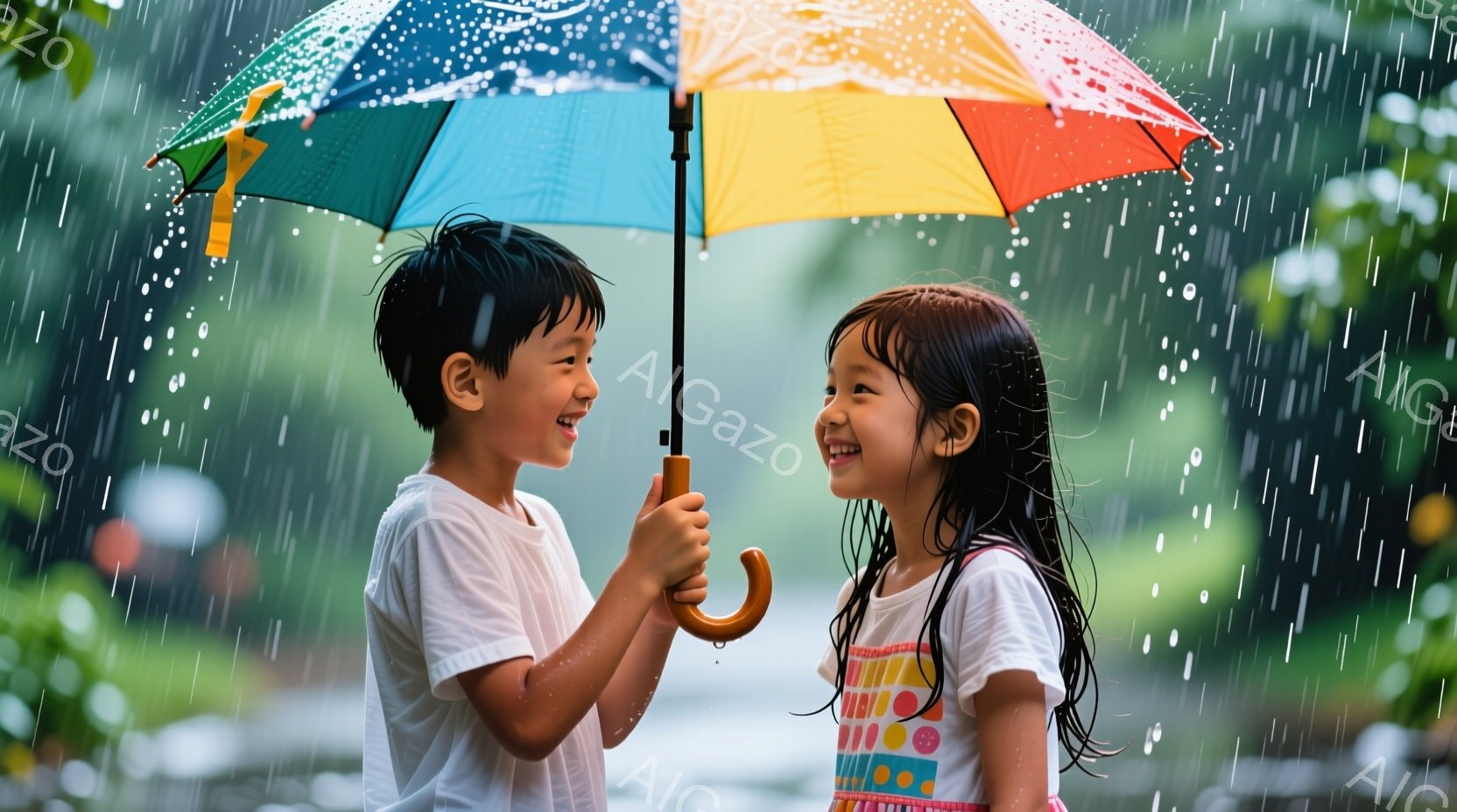 雨の中、少年と少女が寄り添い、笑顔を浮かべている。少年は白いTシャツを着ており、短い黒髪である。少女はカラフルなTシャツを着ており、濡れた長い黒髪が肩にかかっている。