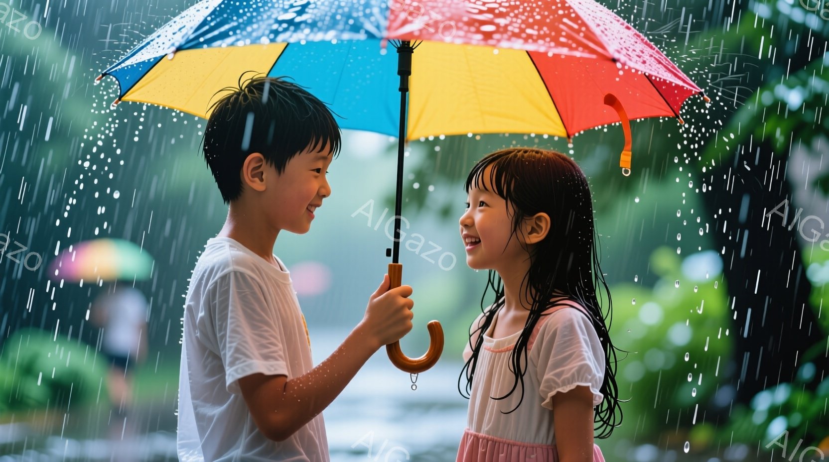 雨の中、少年と少女が寄り添い、カラフルな傘の下で微笑んでいます。少年は白いTシャツを着ており、黒い髪を短く切っています。少女は白いブラウスとピンク色のスカートを着て、長い黒髪を後ろに流しています。背景には緑豊かな木々と雨粒が降り注ぎ、温かく、親密な雰囲気を醸し出しています。
