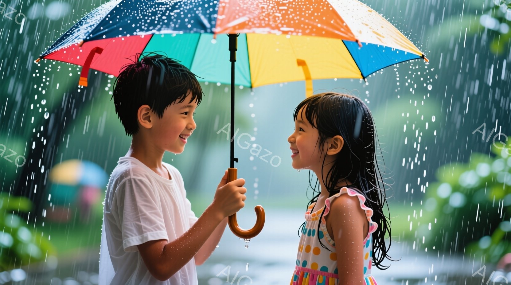 雨が降る中、少年と少女が互いを見つめ合っています。少年は白いTシャツを着ており、短く刈り込まれた髪で、笑顔を見せています。少女はカラフルなワンピースを着ており、長く濡れた髪を垂らしています。背景には緑豊かな植物があり、雨粒が降り注ぎ、温かく幸せな雰囲気が漂っています。