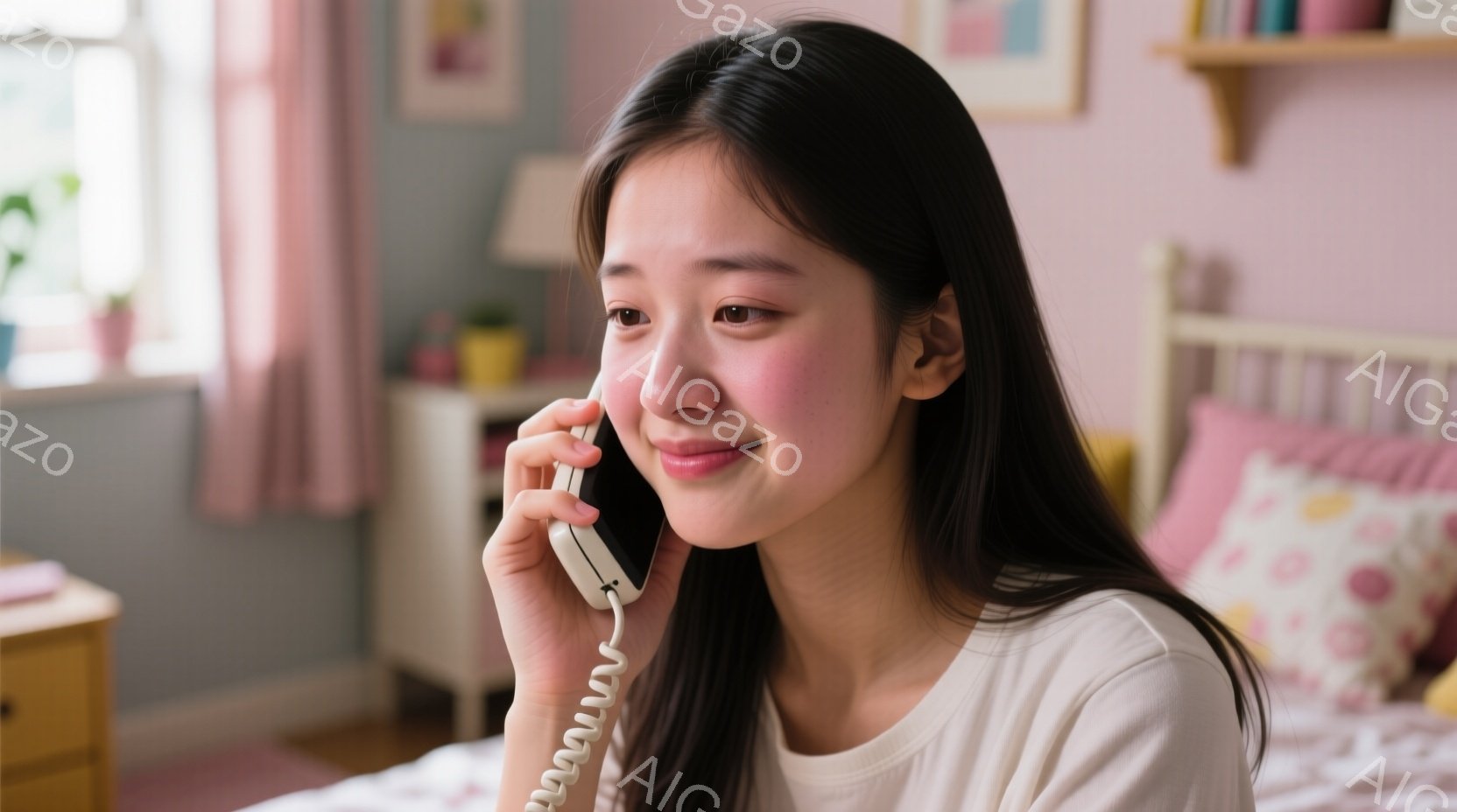 長い黒髪を肩から下で下ろした若い女性が、クリーム色のトップスを着てベッドに横たわり、固定電話で話しています。彼女は微笑んでおり、表情はリラックスしていて、楽しんでいる様子が伺えます。背景には薄いピンク色の壁と、花柄のクッションが置かれたベッド、そして棚と装飾がぼんやりと見え、温かく快適な雰囲気です。