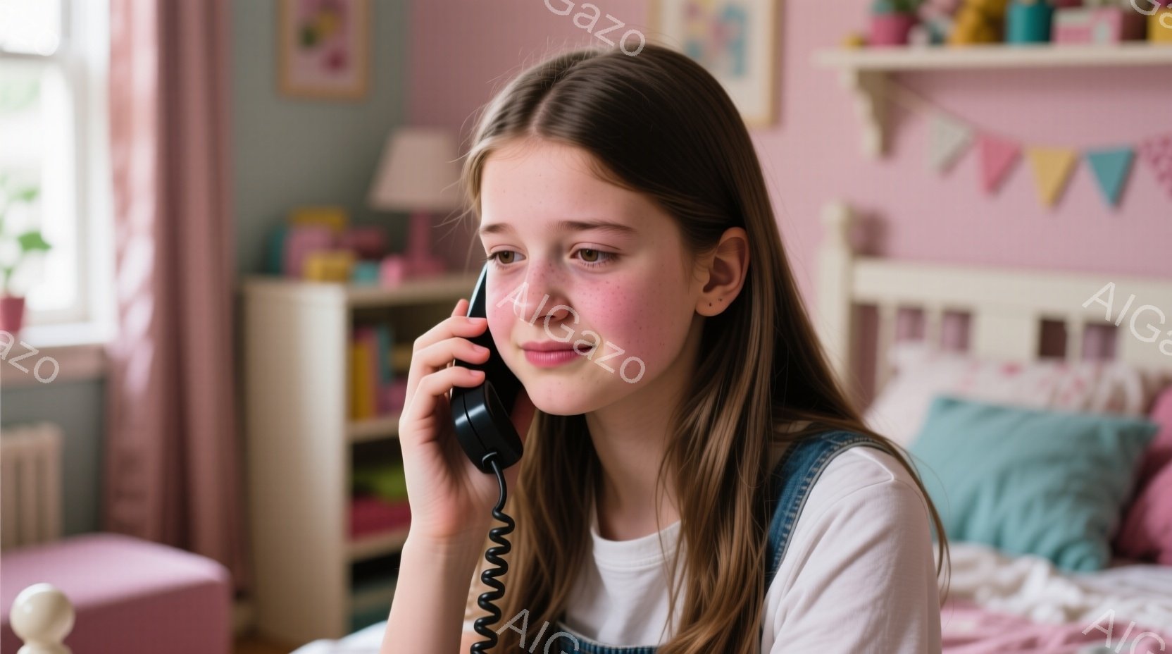 長い茶色の髪をした若い女の子が、ベッドに座って黒い固定電話で話しています。彼女は白いTシャツとデニムのオーバーオールを着ており、少し驚いたような、または動揺した表情をしています。背景には白い棚、ピンクの壁、そしてパステルカラーの装飾が施された心地よい寝室が広がっています。