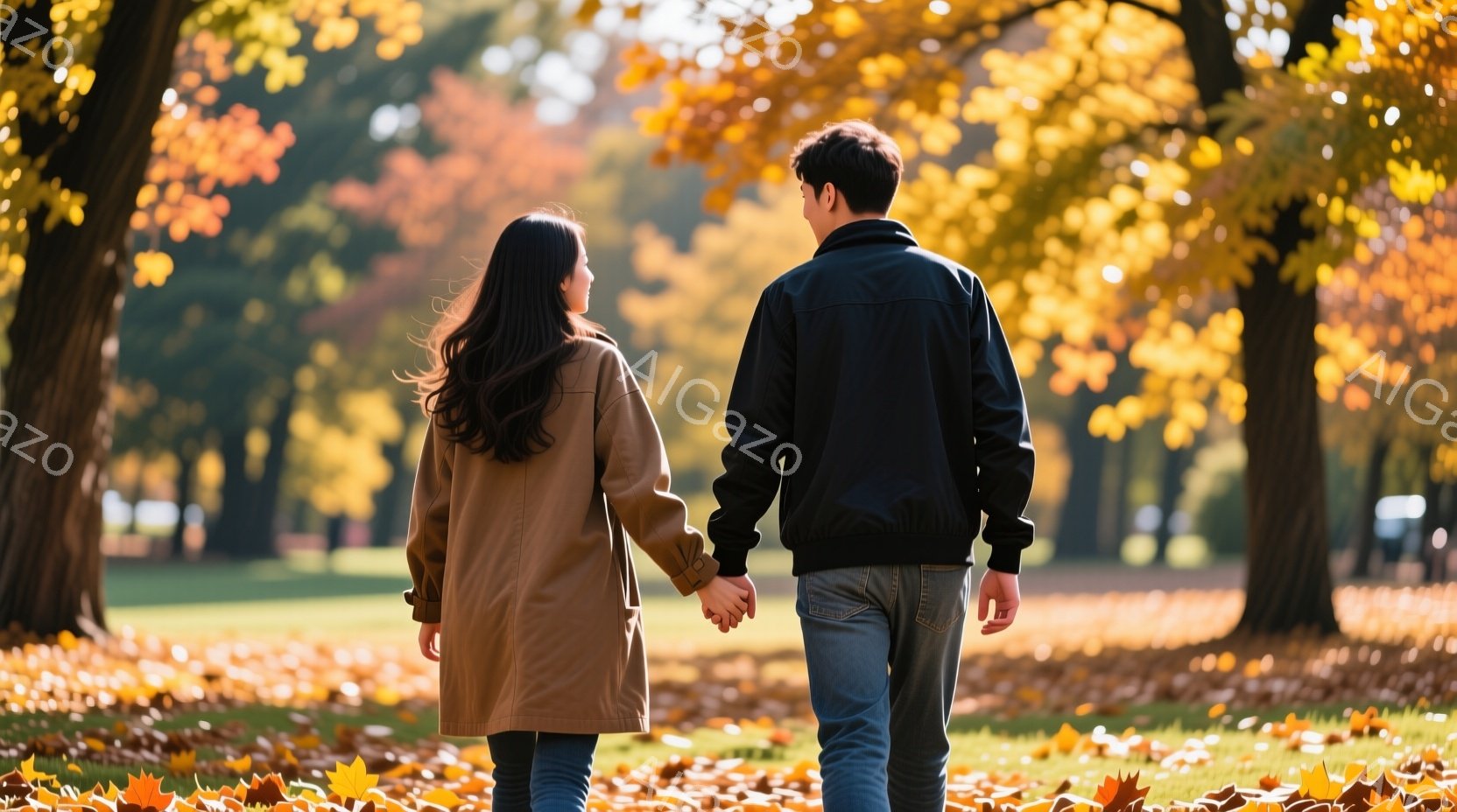 長い髪を背中に流した女性と、黒いジャケットを着た男性が並んで歩いている。二人は手をつないでおり、落ち葉が敷き詰められた公園の遊歩道を歩いている様子が捉えられている。背景には木々が立ち並び、秋の暖かく穏 - AI生成フリー素材