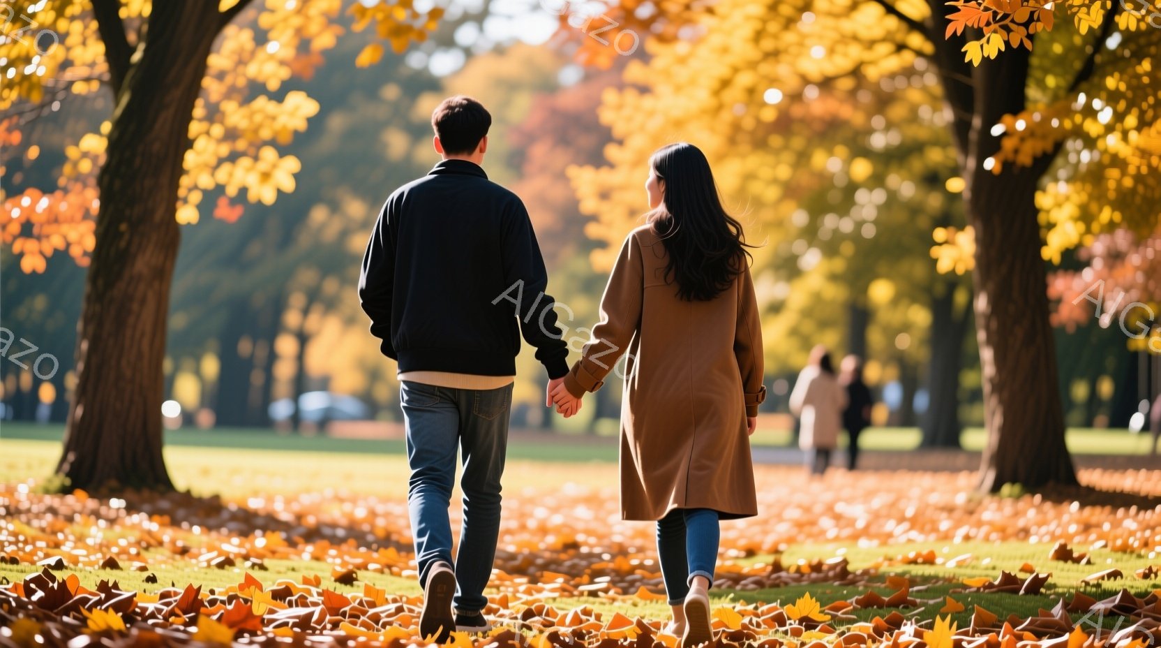 葉が散り敷かれた公園を、一対の男女が手をつないで歩いている。男性はジーンズに黒いジャケット、女性はジーンズにキャメル色のコートを着ており、どちらも後ろ姿のため表情は見えない。背景には緑の芝生と木々が広がり、秋の穏やかでロマンチックな雰囲気が漂っている。
