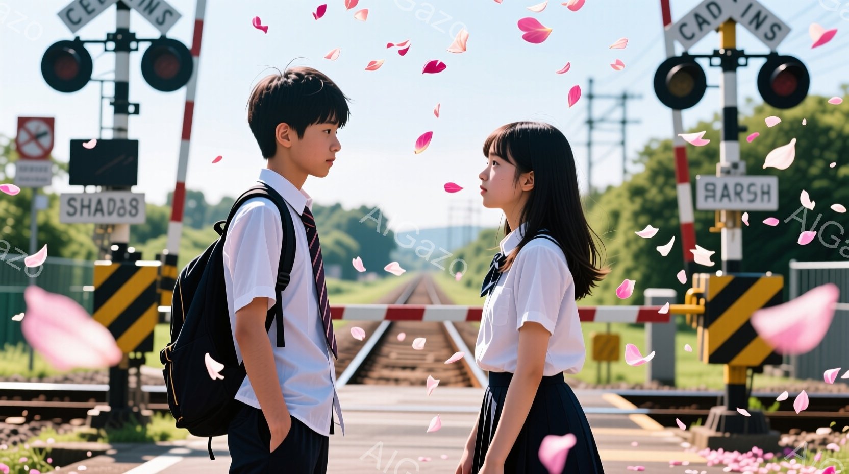制服を着た少年と少女が線路の横で向かい合って立っています。少年は紺色のリュックを背負い、少し眉間にしわを寄せた表情をしています。背景には線路、遮断機、そして桜の花びらが舞い散る青空と緑豊かな風景が広がっており、どこか切なく、青春を感じさせる雰囲気です。