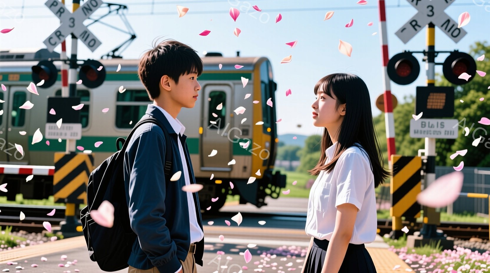 制服を着た少年と少女が線路沿いの踏切で向き合って立っている。少年は紺色のブレザーに白いシャツ、少女は白いブラウスに紺色のスカートで、桜の花びらが舞い散る中、少し照れくさそうな表情を浮かべている。背景には緑豊かな景色と鉄道の車両、そして晴天の空が広がっており、春の穏やかで少し甘酸っぱい雰囲気を醸し出している。